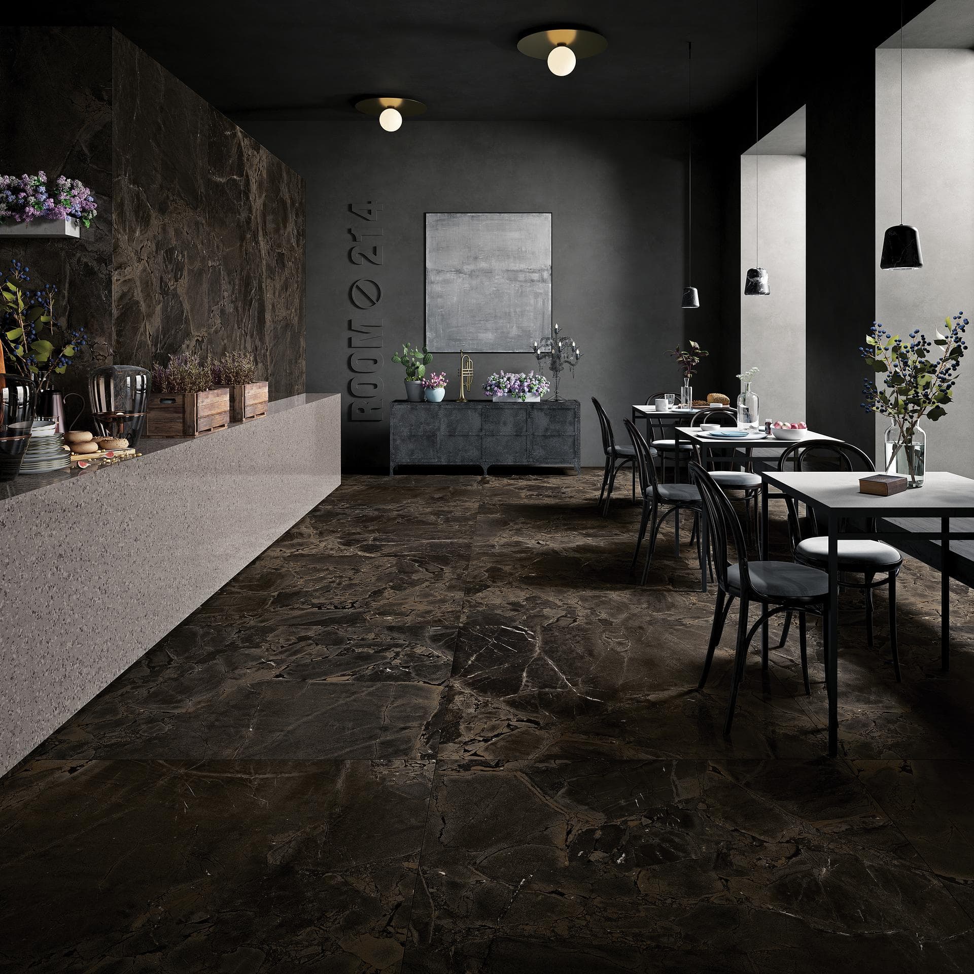 Cafe dining room with brown marble-effect surfaces Cafe dining area with brown veined marble-effect floor and wall slabs, black tables and bentwood chairs