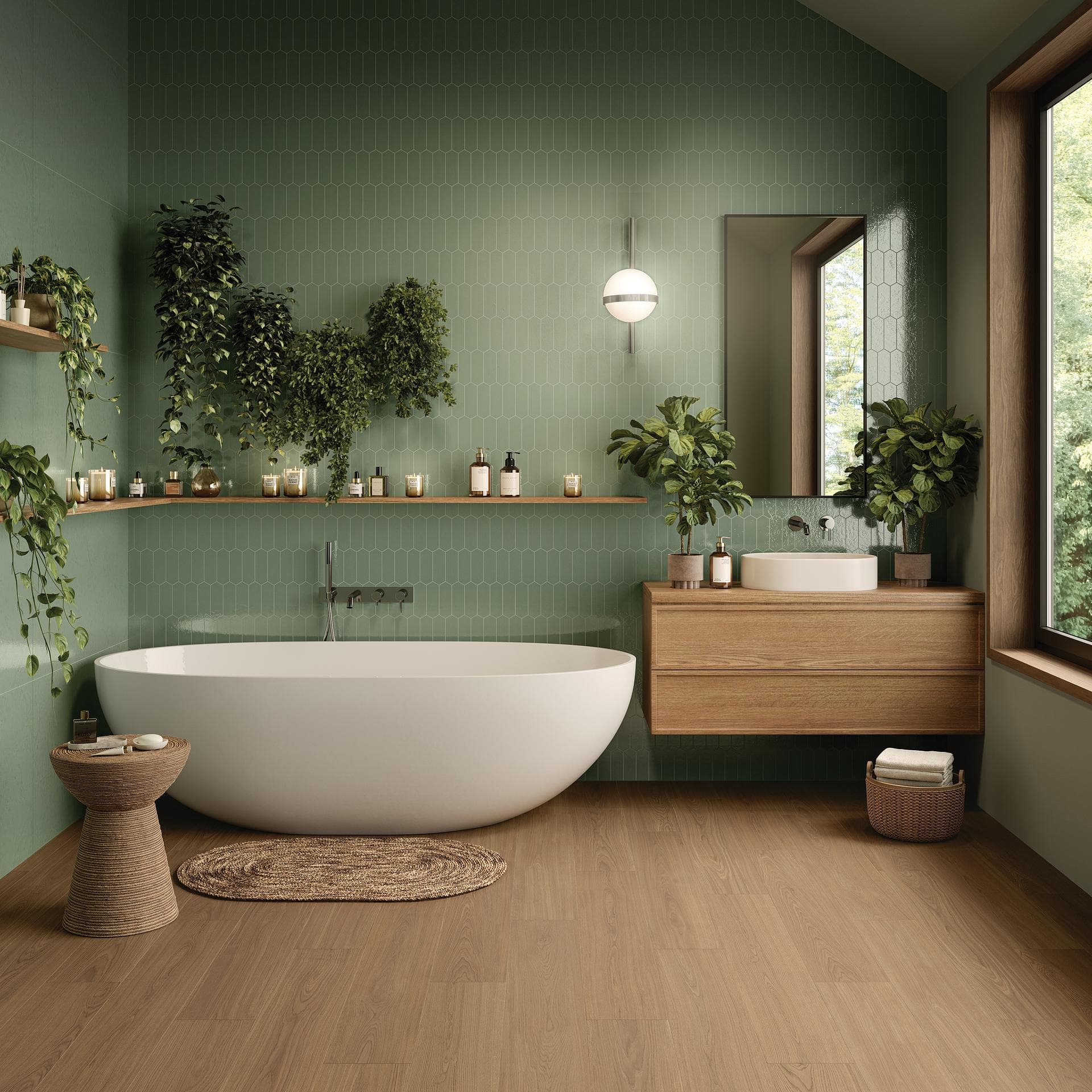 Bathroom with green mosaic and wood-effect floor Bathroom with oval tub, glossy green hexagonal mosaic walls and honey wood-effect plank floor