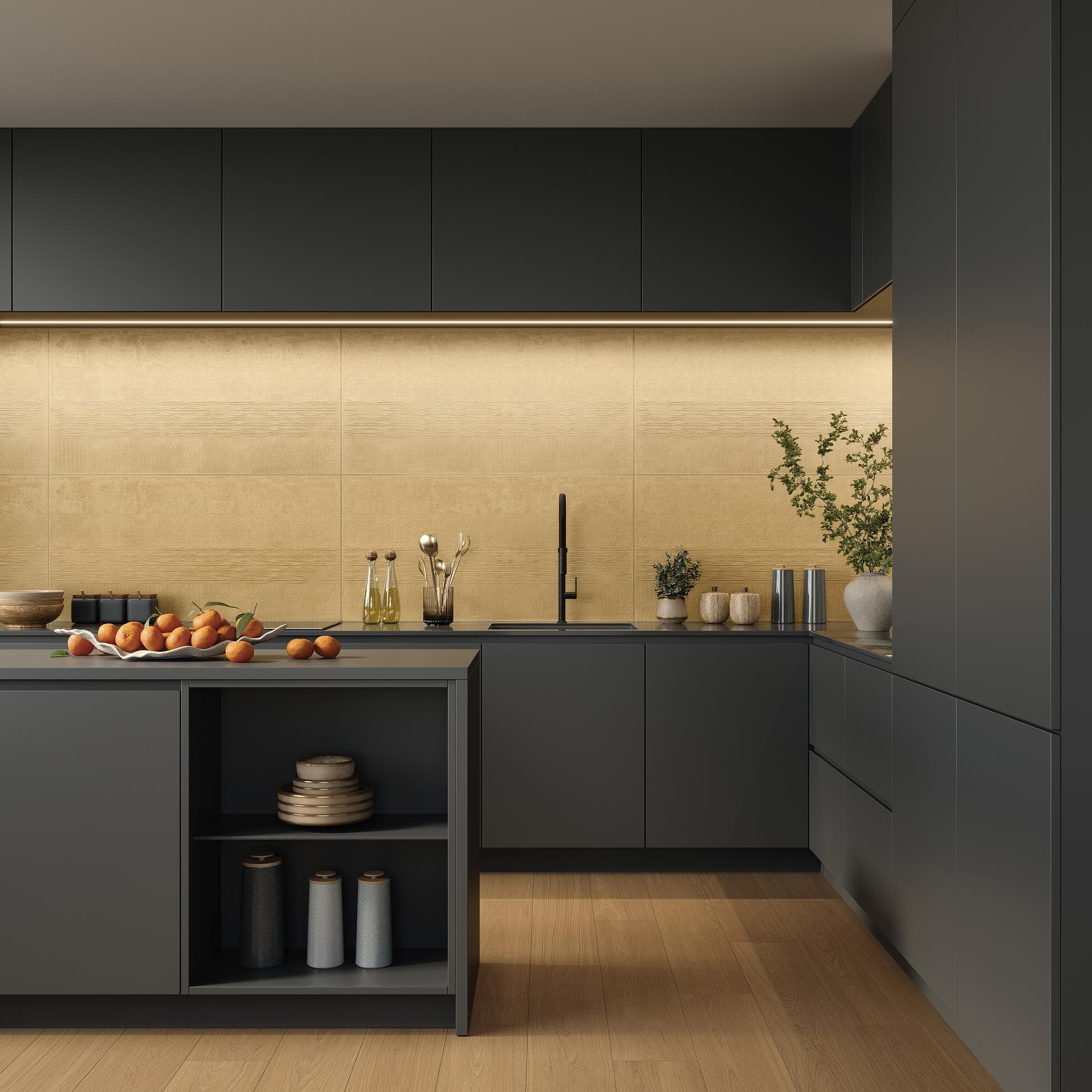 Kitchen with glossy yellow backsplash and tobacco floor Kitchen with dark grey cabinets, glossy mango-yellow tiled backsplash and matt tobacco wood-look floor