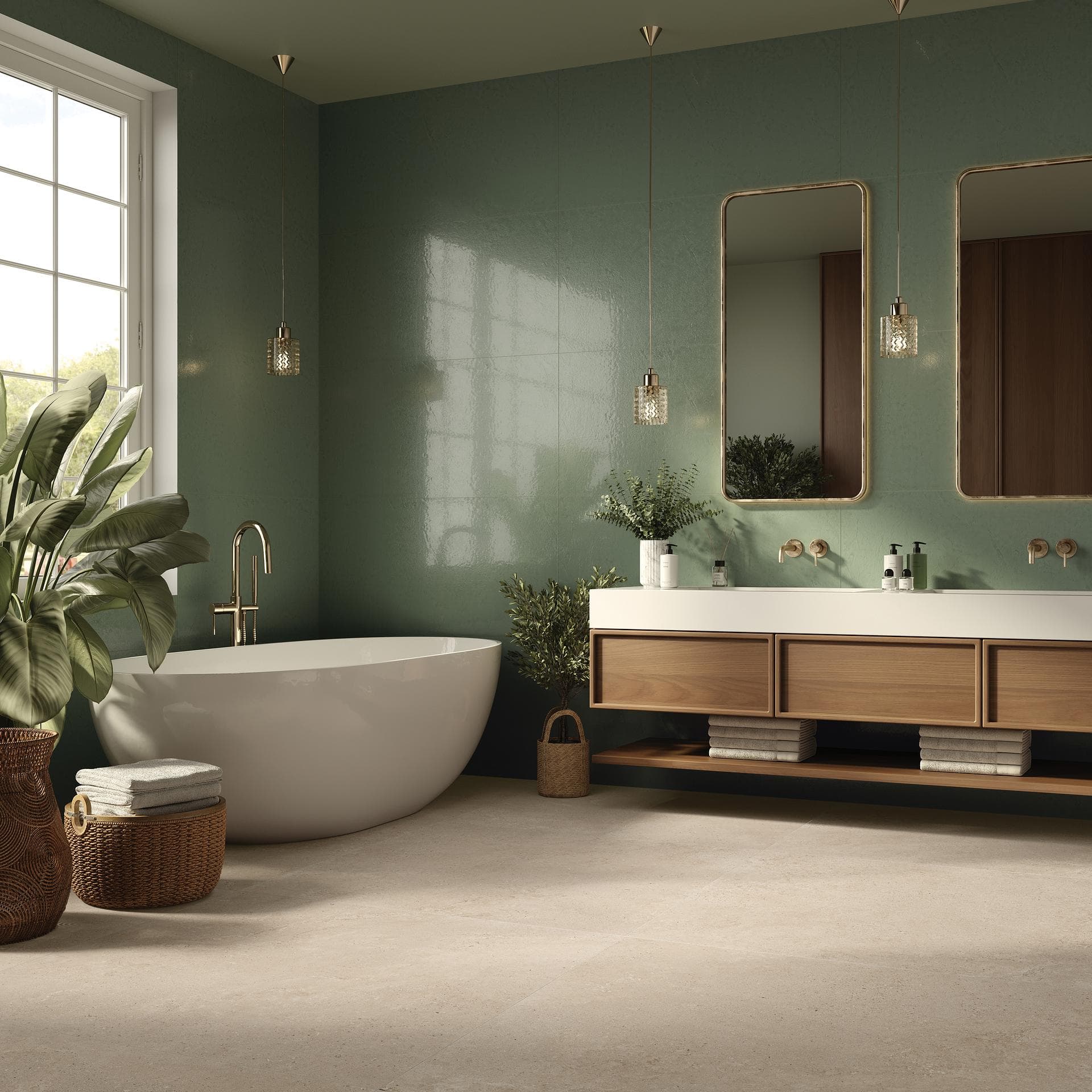 Bathroom with tub, green walls and ivory floor Bathroom with freestanding tub, glossy avocado green wall tiles and matt ivory floor