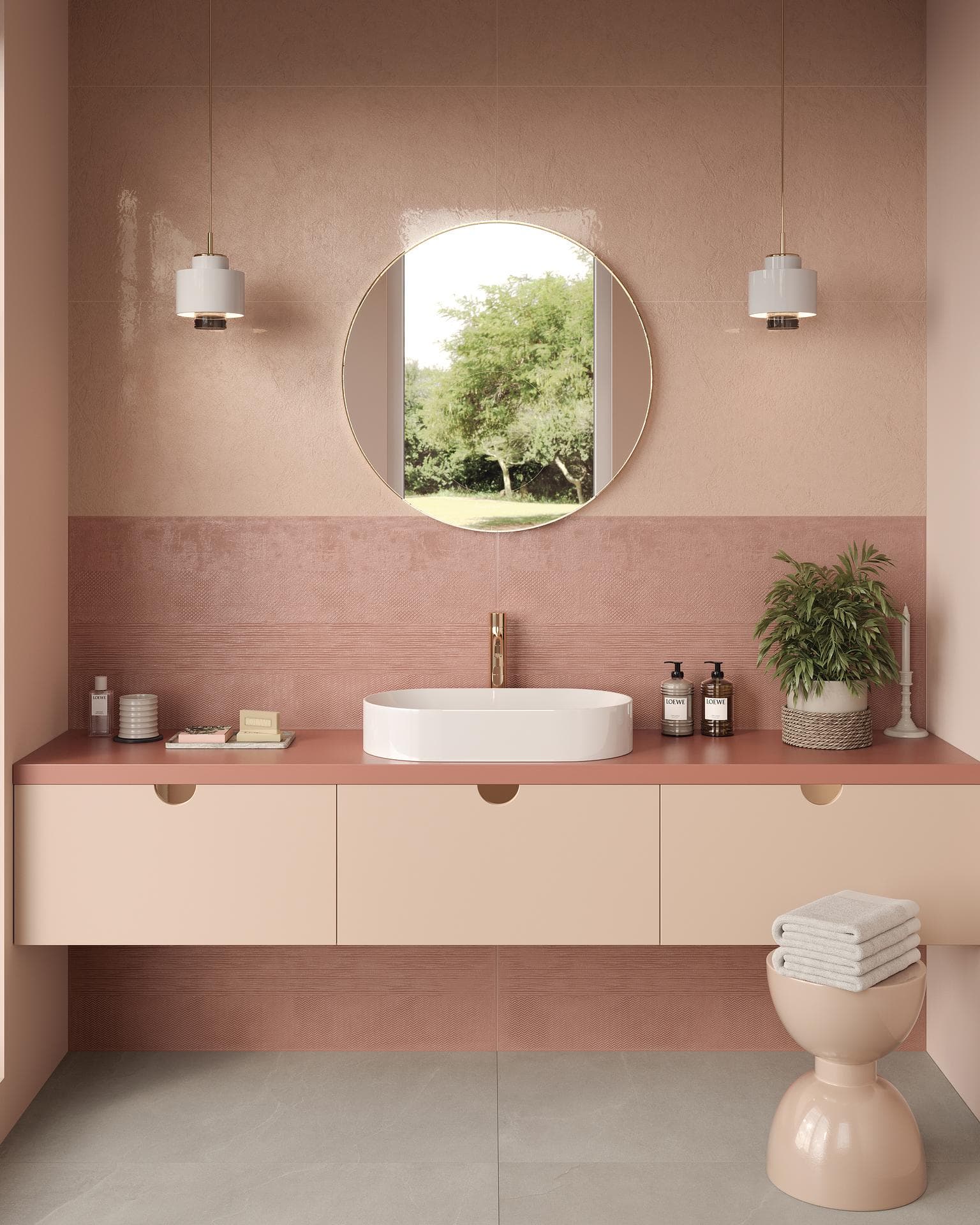 Bathroom with glossy mauve walls and silver floor View the gallery