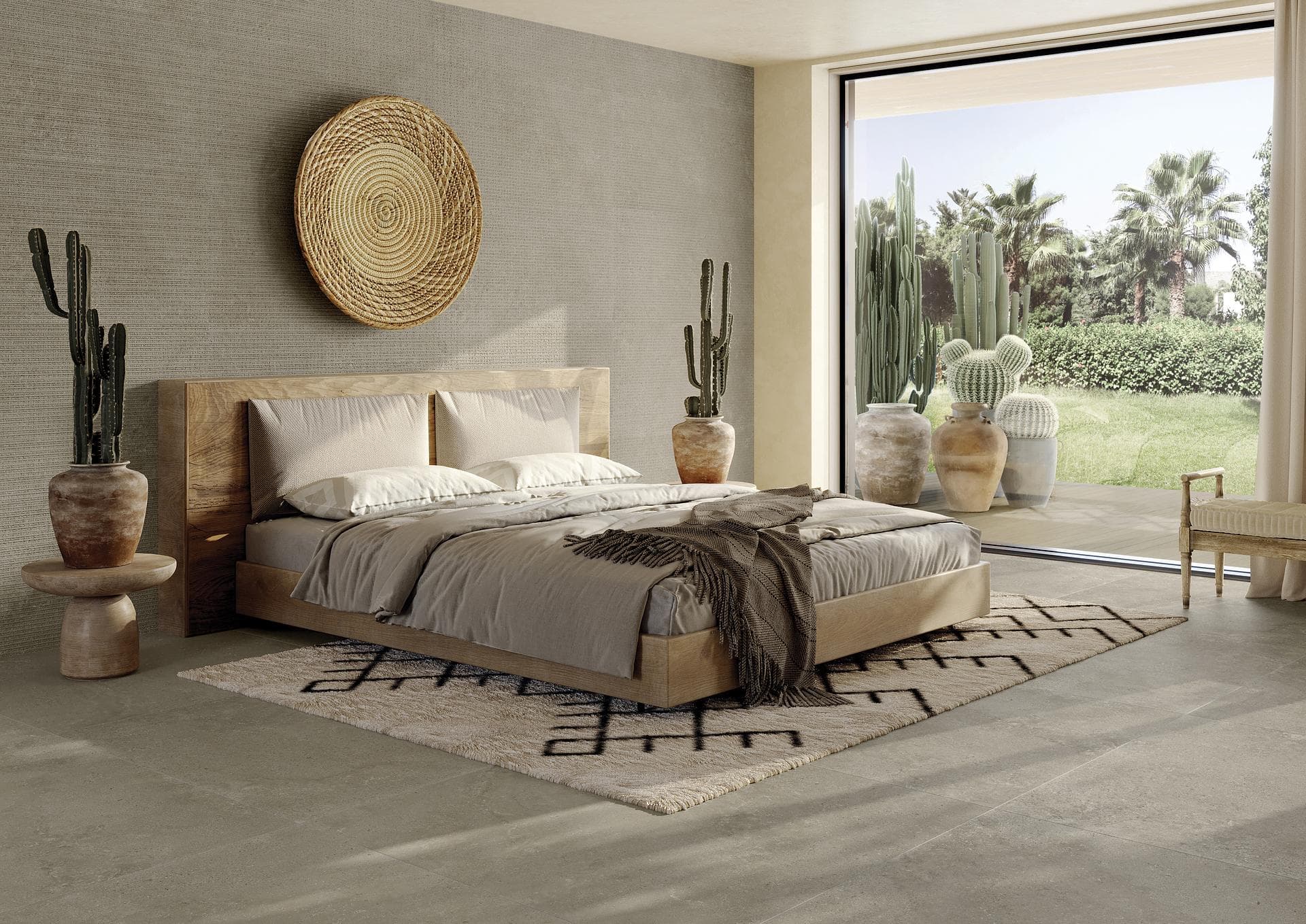 Schlafzimmer in dunkelbeiger Steinoptik Schlafzimmer mit mattem Bodenbelag in dunkelbeiger Steinoptik und passend verkleideter Wand hinter dem Holzbett