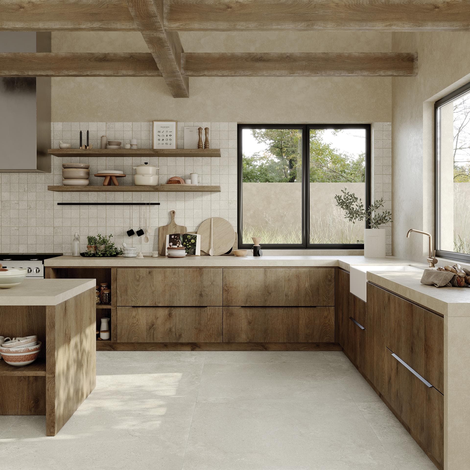 Kitchen with stone-effect floor and wall tiles Kitchen with wooden beams, white stone-effect porcelain floor and 30x30 mosaic backsplash