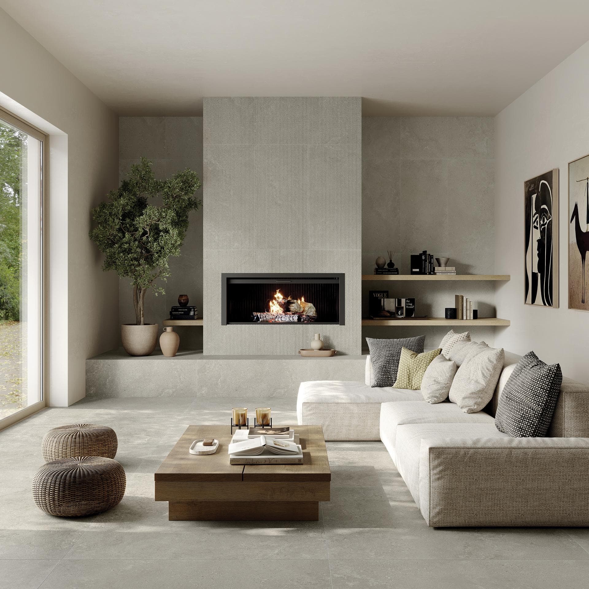 Wohnzimmer mit Kaminwand in Steinoptik Wohnzimmer mit Kamin, matten beige-grauen Bodenfliesen in Steinoptik und gerippter Reliefwand