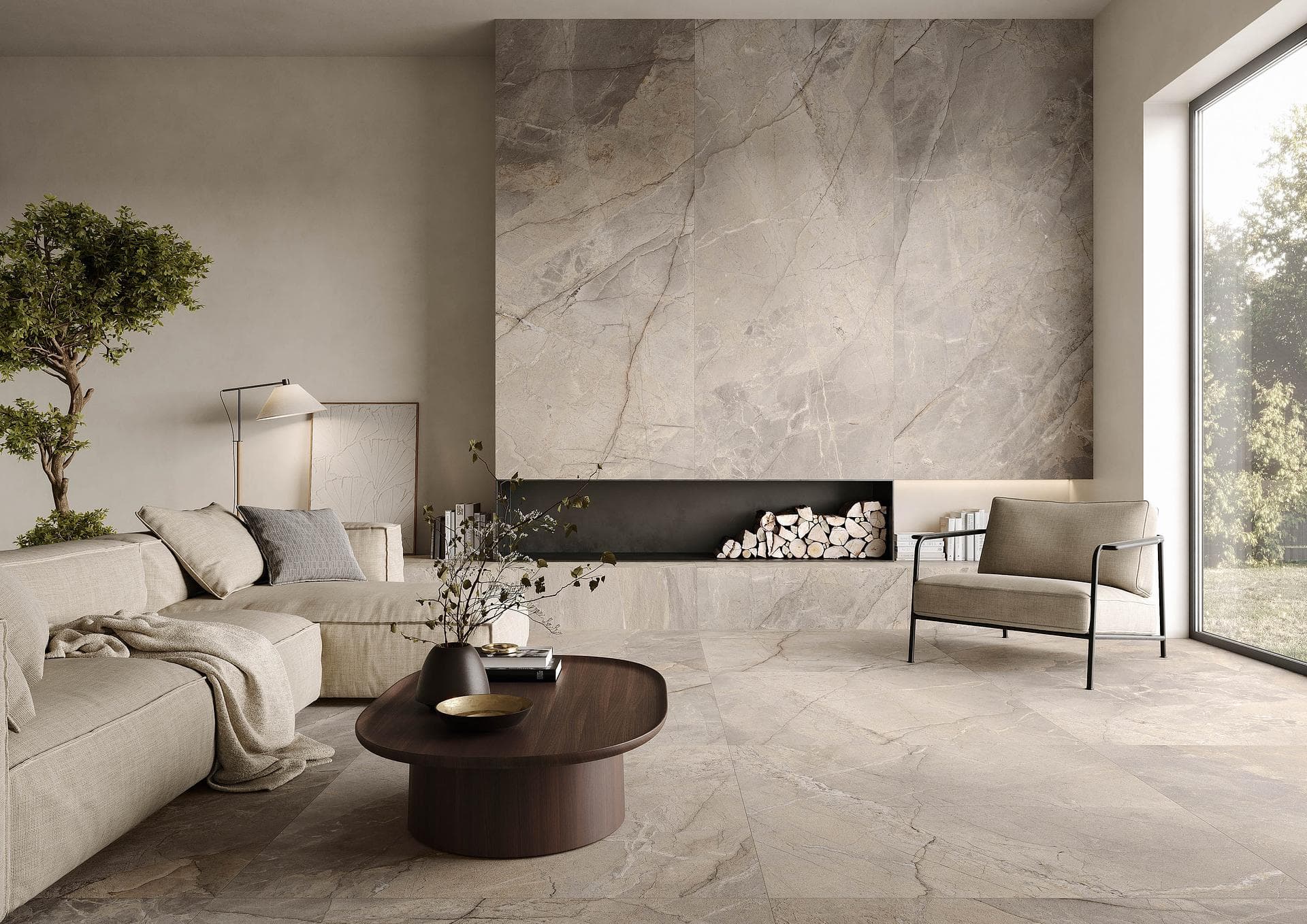 Living room with stone-effect fireplace wall Living room with stone-effect fireplace wall in fior di bosco and matt smoke-grey floor tiles