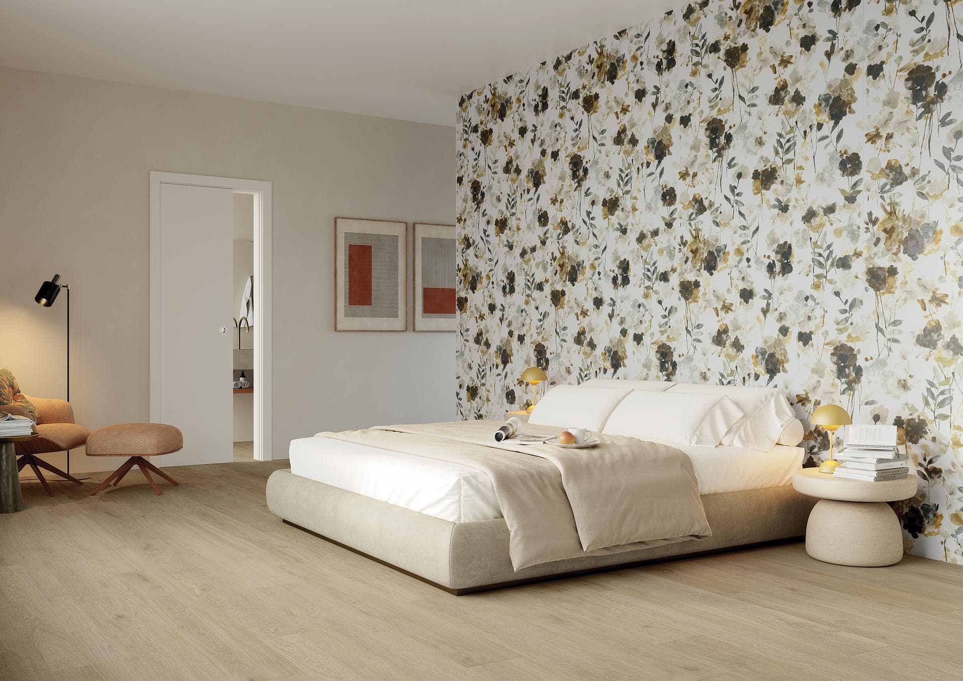 Contemporary bedroom with floral decor wall Bedroom with matt dark beige wood-effect floor planks and a multicolour floral decor wall behind the bed