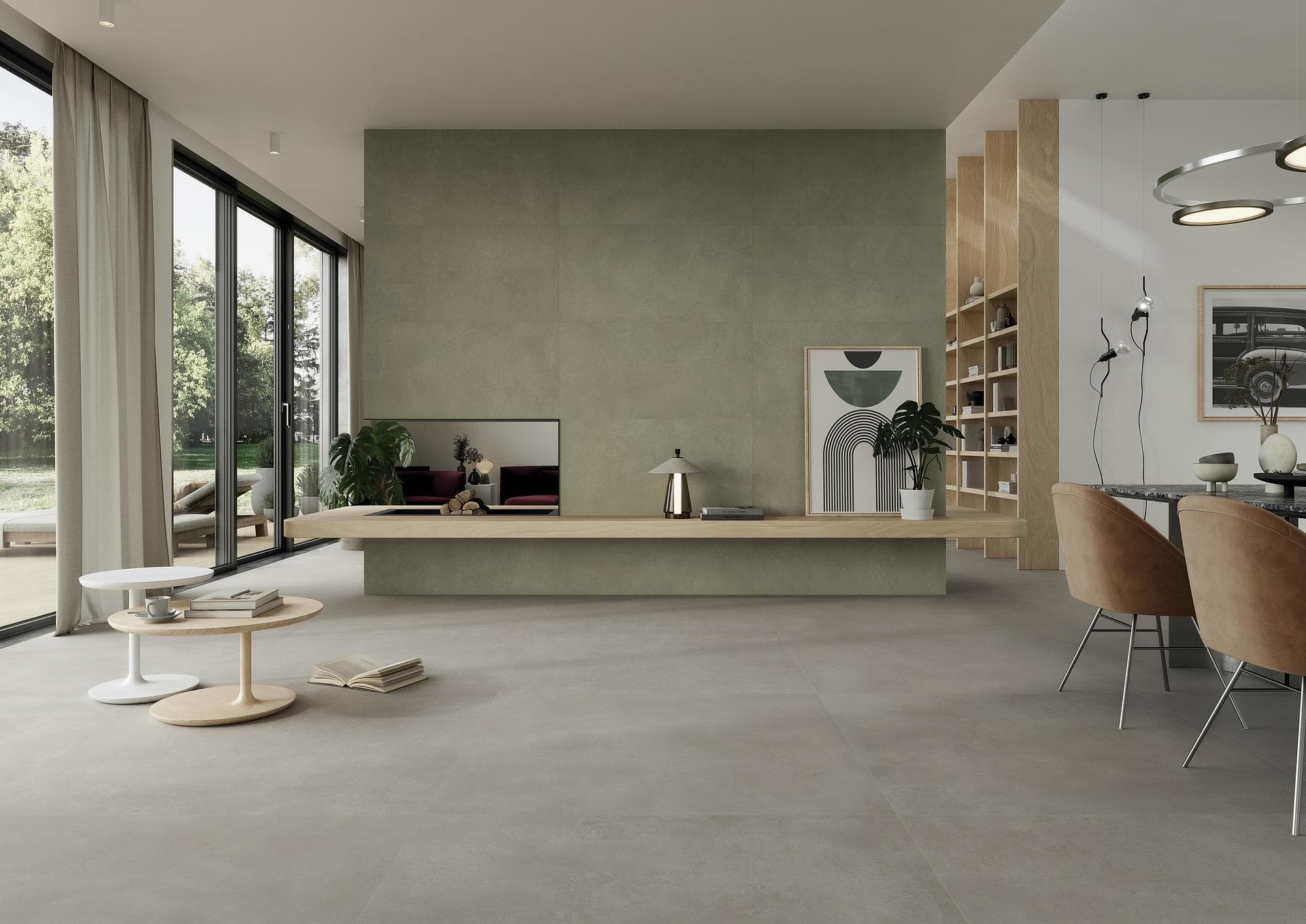 Open-plan living room with mint green wall Open-plan living room with matt ash grey floor and built-in wall clad in matt mint green tiles
