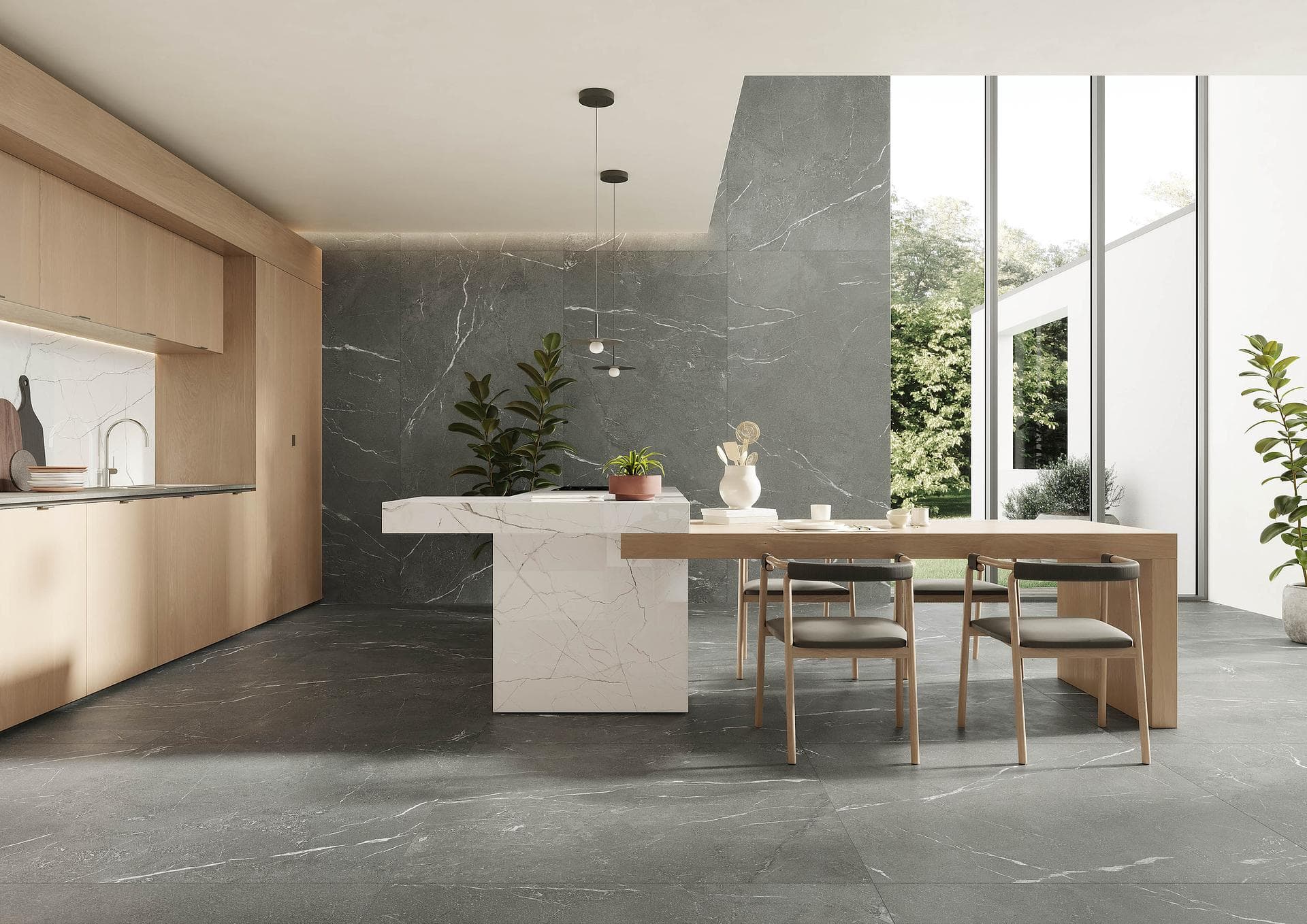 Kitchen with island and grey stone-effect walls Kitchen with glossy white stone-effect island, grey veined stone-look floor and wall, wood cabinets