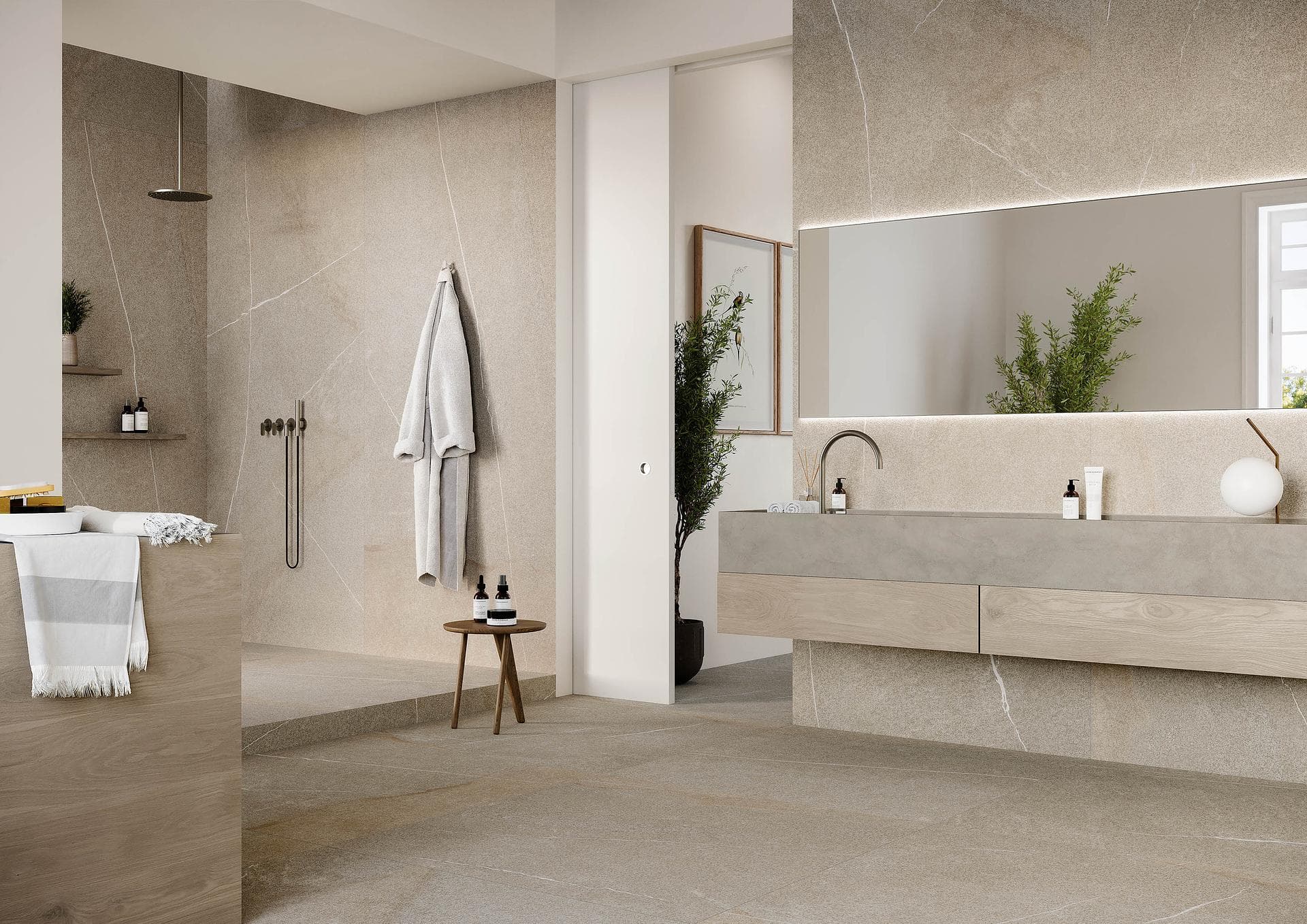 Stone-effect bathroom with walk-in shower View the gallery