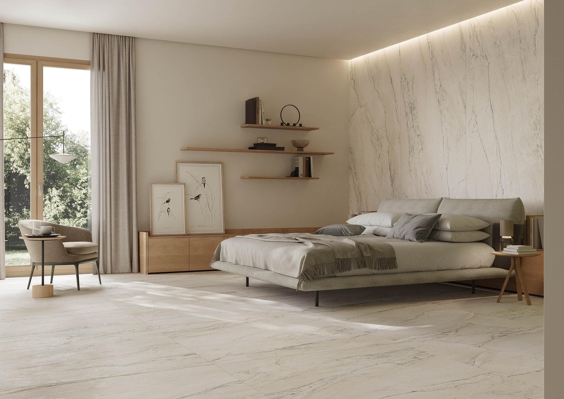 Bedroom in light stone-effect porcelain Bedroom with wall and floor in matt macaubas stone-effect porcelain, light tone with grey veining