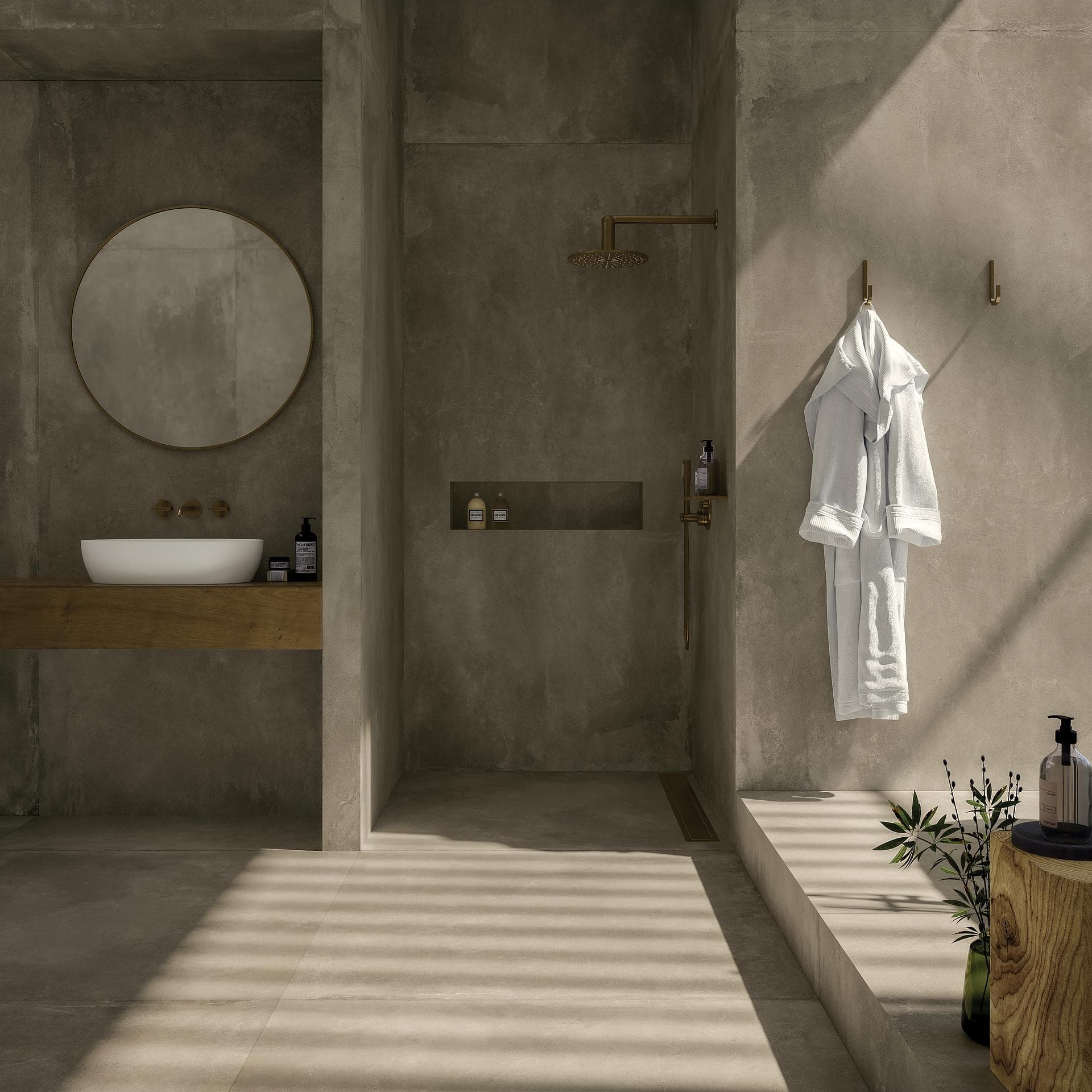 Salle de bains effet béton taupe avec douche Salle de bains avec douche de plain-pied, murs et sol en grès effet béton taupe mat