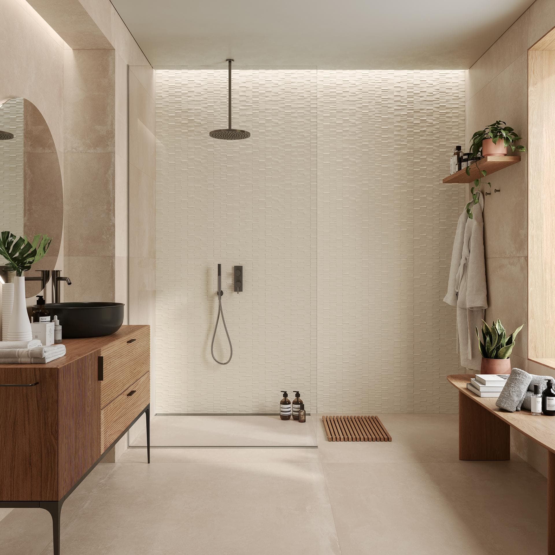 Bathroom with walk-in shower in sand and ivory stoneware View the gallery