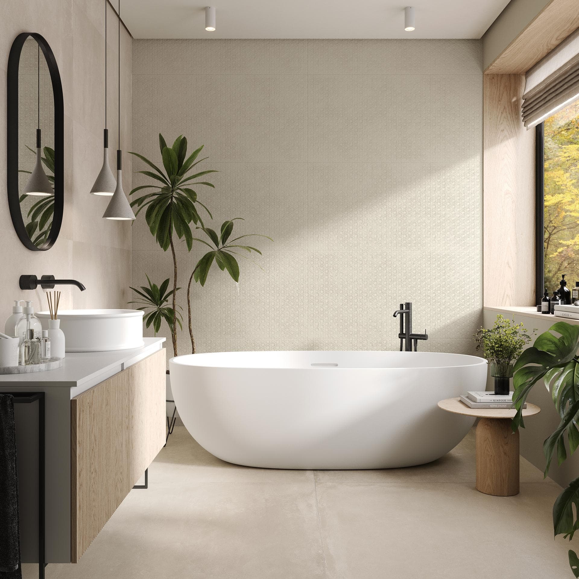 Bathroom with freestanding tub and greige wall Bathroom with white freestanding tub, textured greige tiled wall and matt camargue floor