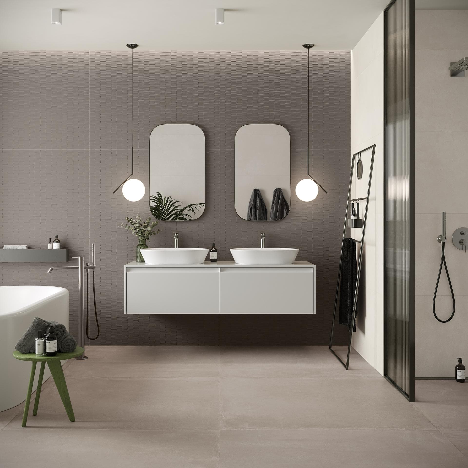 Contemporary bathroom with double washbasin Bathroom with flint-grey textured tiled wall, light grey floor and walk-in shower lined in matt beige