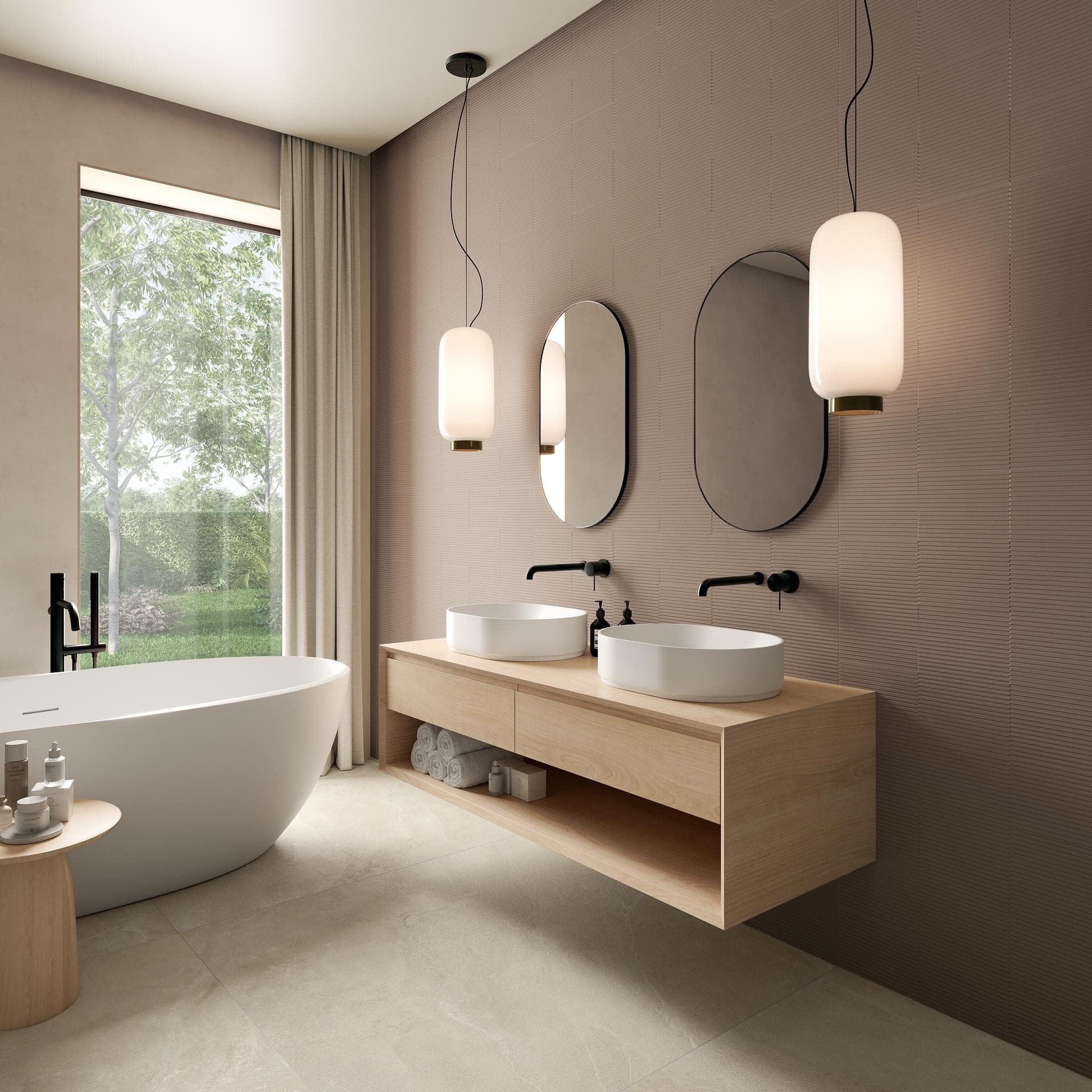 Contemporary ivory and moka bathroom Bathroom with matt ivory floor and ribbed moka wall, freestanding tub and wooden double-basin unit