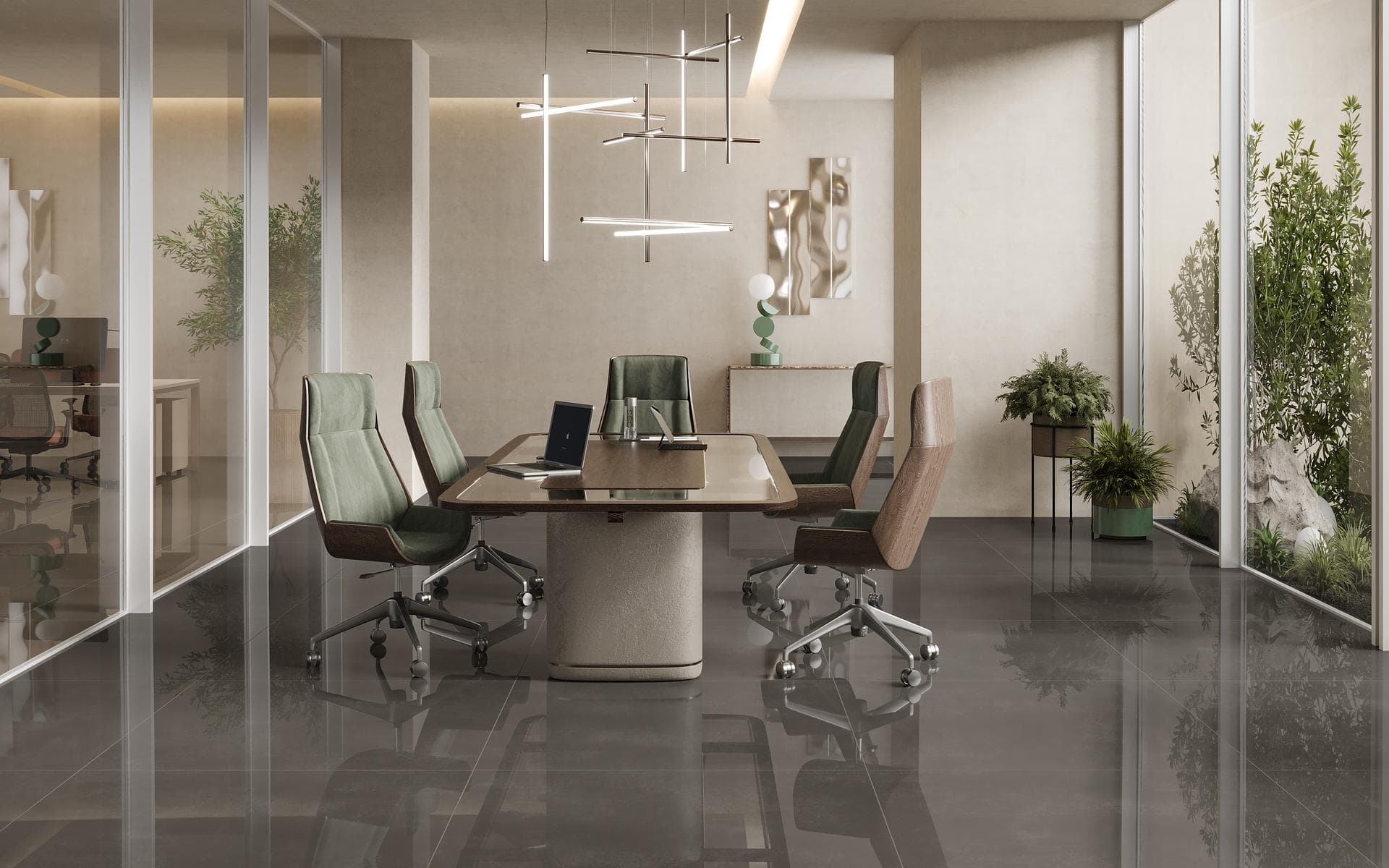 Meeting room with glossy grey-black floor Meeting room with glossy grey-black 120x120 porcelain floor, table, green chairs and glazed walls