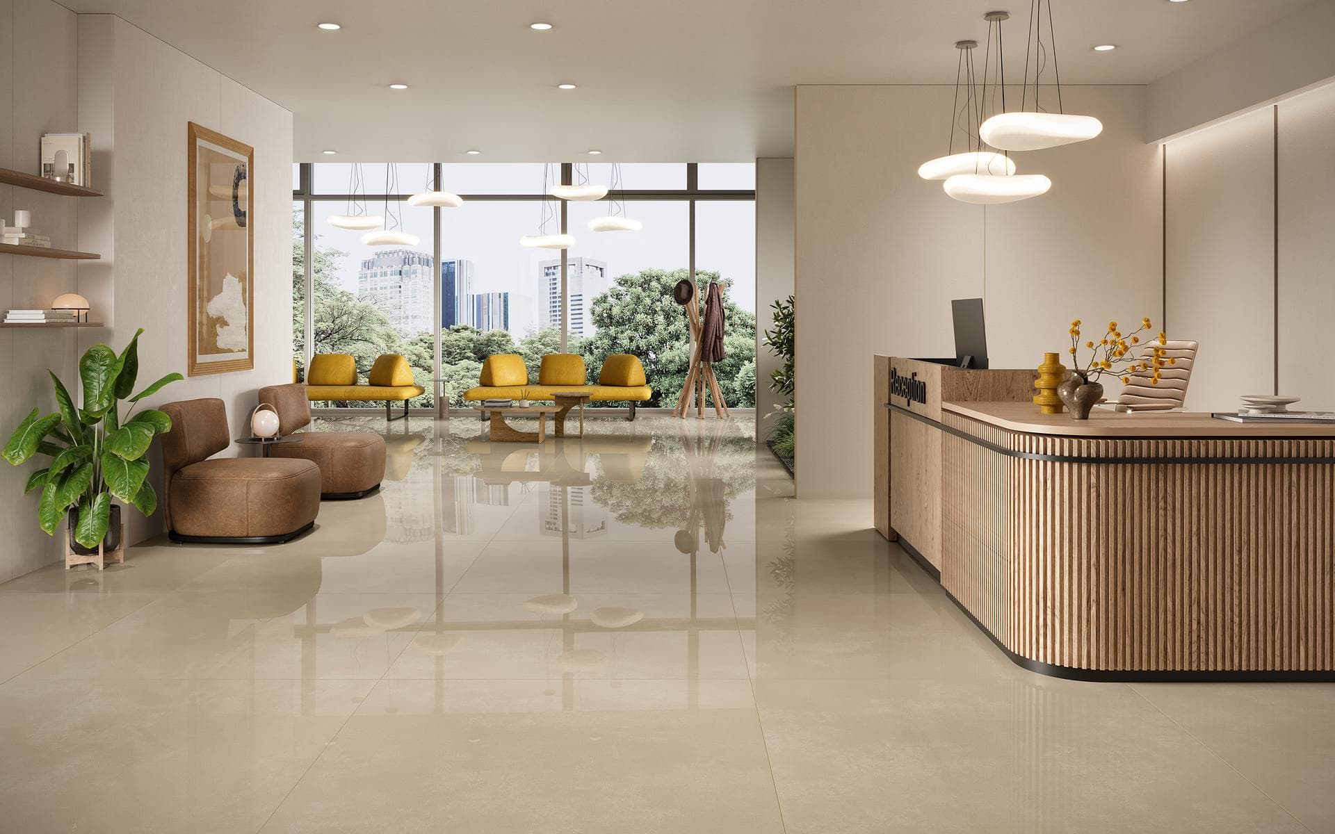 Reception area with glossy almond floor Commercial reception area with glossy almond 120x120 porcelain floor reflecting seating and glazed wall