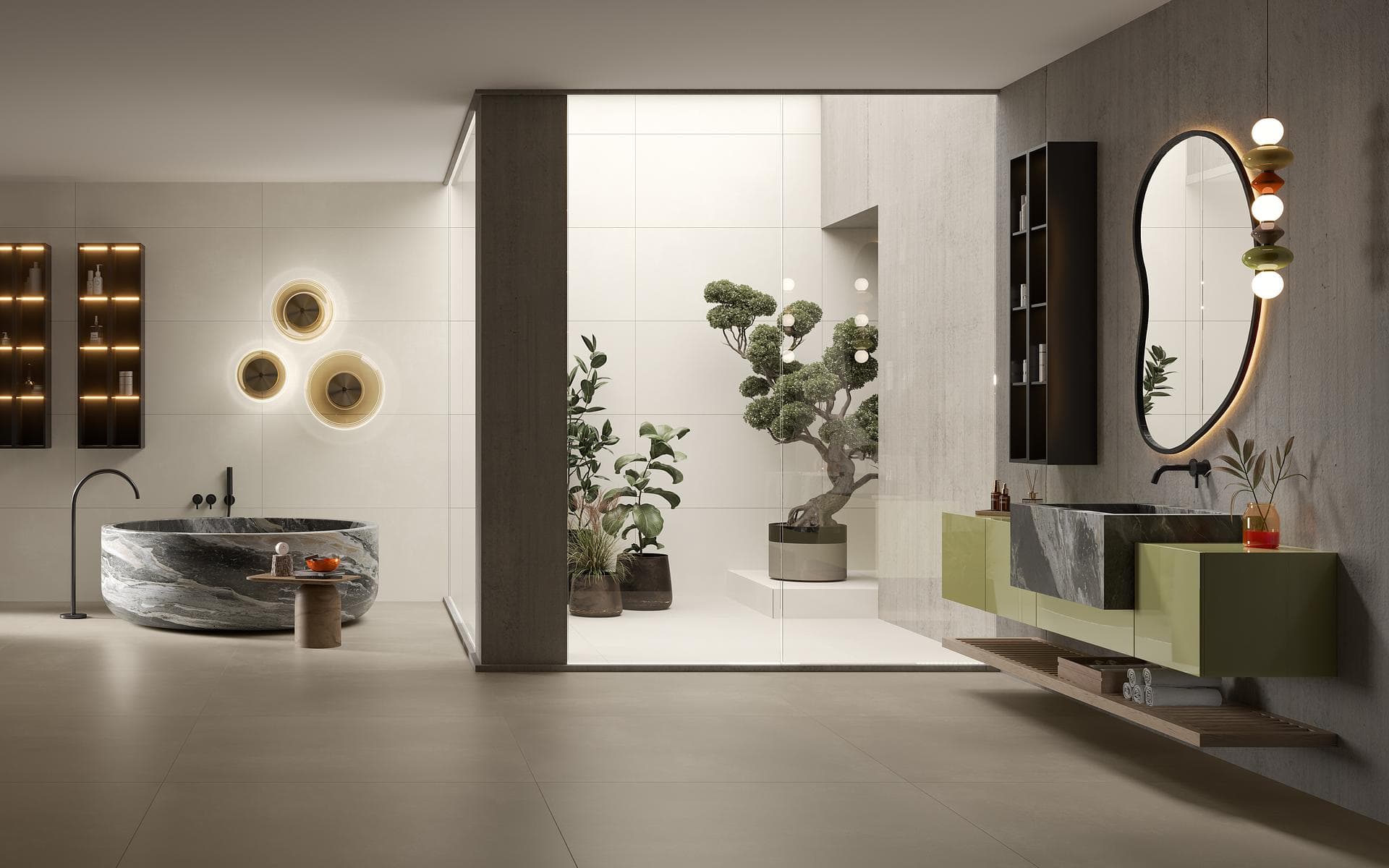 Bathroom with beige floor and matt white walls Large bathroom with matt beige floor and white walls, round stone tub and inner patio with a bonsai tree