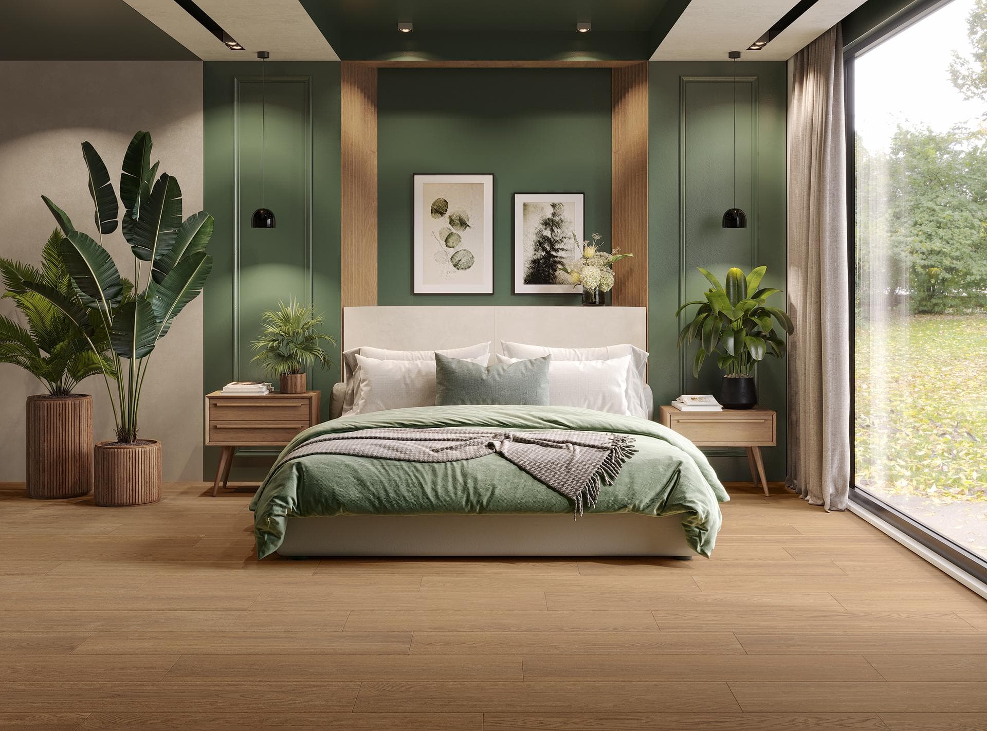 Bedroom with honey wood-effect floor Bedroom with green walls and matt honey wood-effect stoneware plank flooring