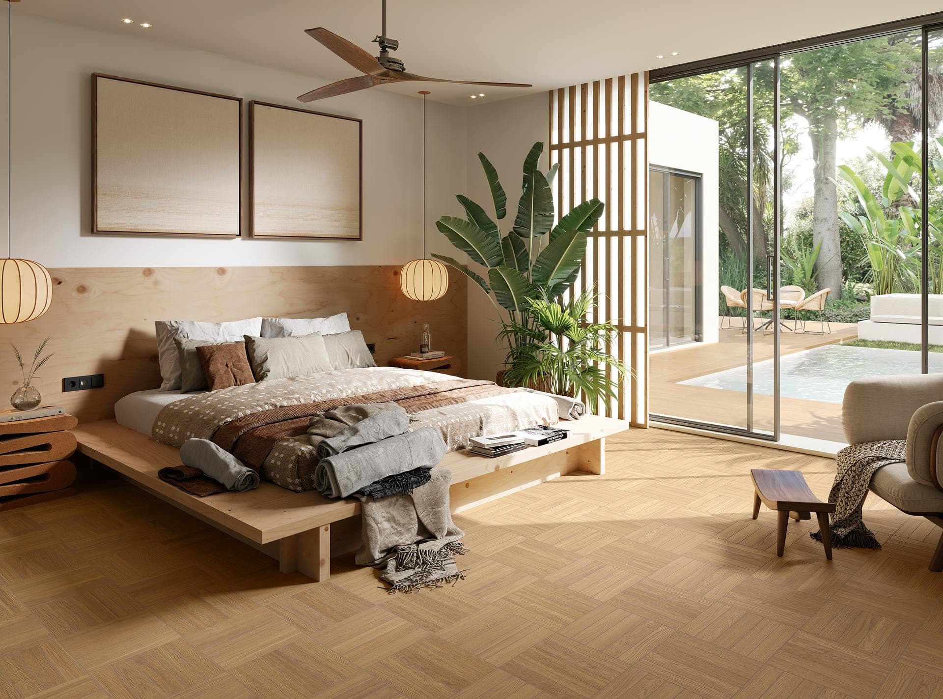 Bedroom with ochre wood-effect floor View the gallery