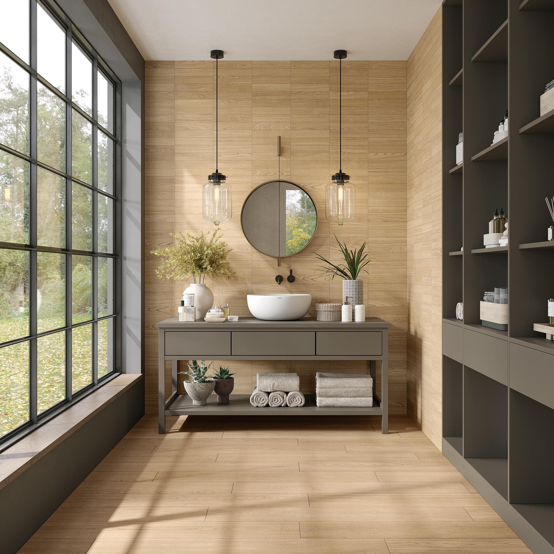 Bathroom in beige wood-effect stoneware Bathroom with matt beige wood-effect stoneware on floor and wall, grey washstand, round basin and mirror