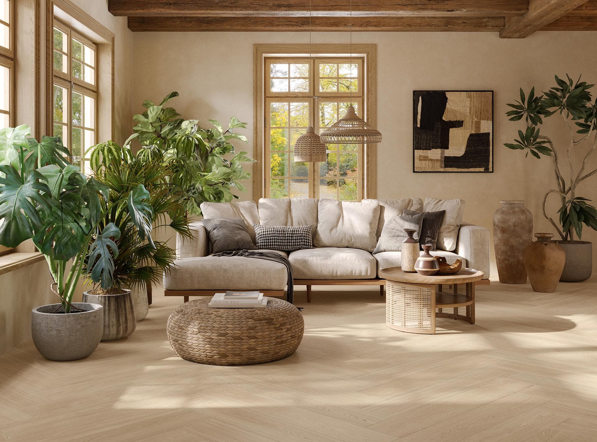 Living room with champagne wood-effect floor Living room with wooden beams, cream sofa and plants on a light champagne wood-effect herringbone floor