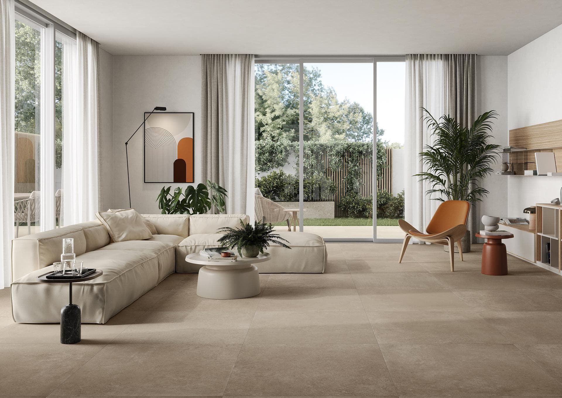 Living room with matt taupe floor tiles Living room with garden windows, pale modular sofa and matt taupe 90x90 floor tiles throughout