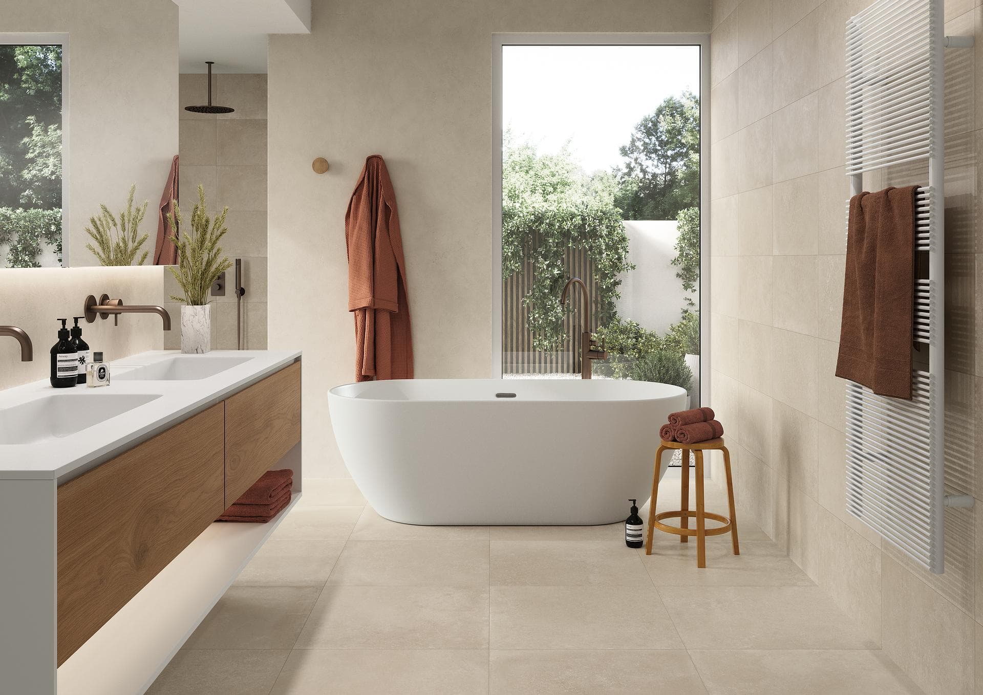 Bathroom with freestanding tub and matt beige tiles Bathroom with freestanding tub, wooden double-basin vanity and matt beige tiles on floor and walls