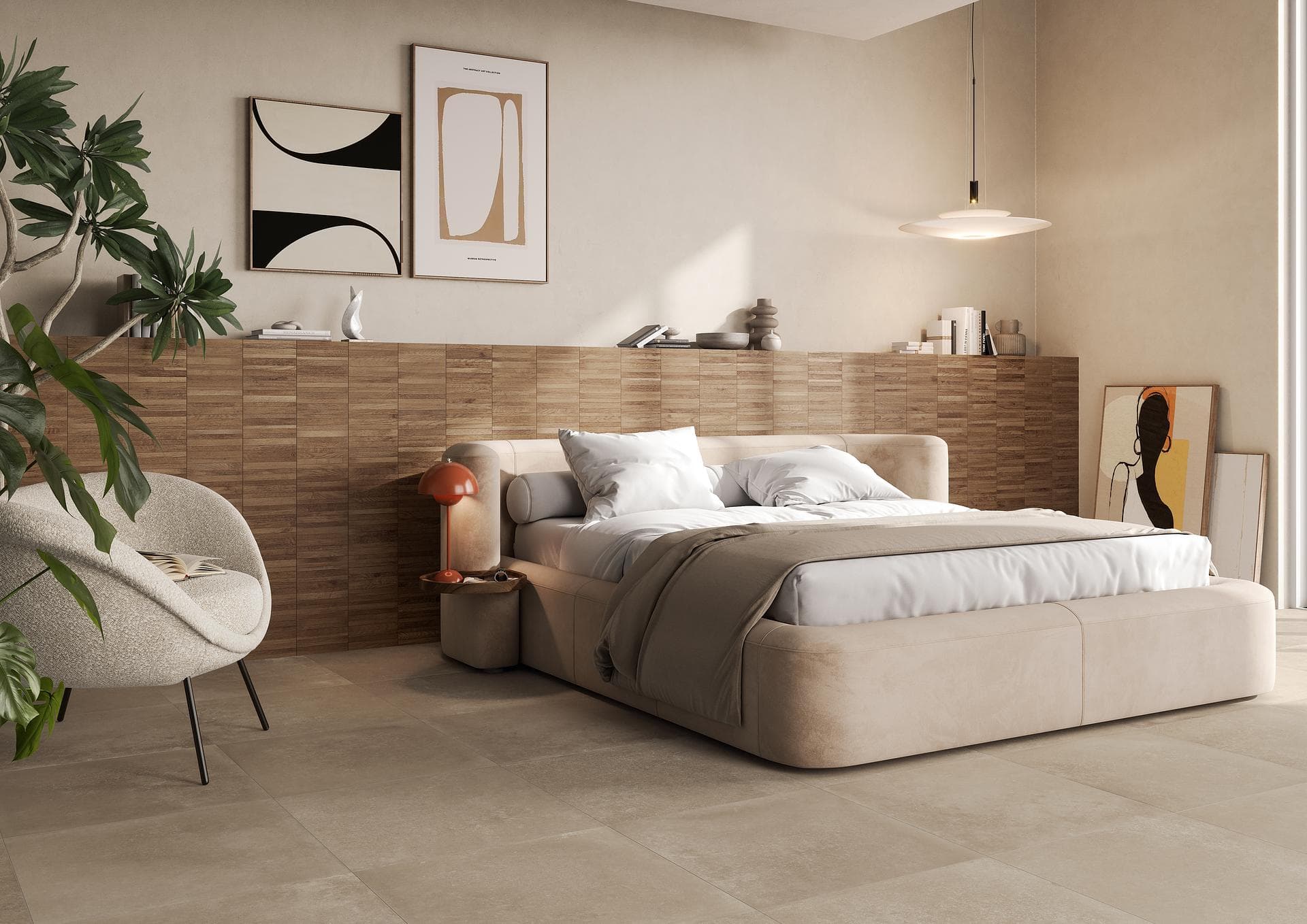 Bedroom with wood-look wall and greige floor Bedroom with hazelnut wood-look tiled wall panel and matt greige floor, beige upholstered bed and armchair