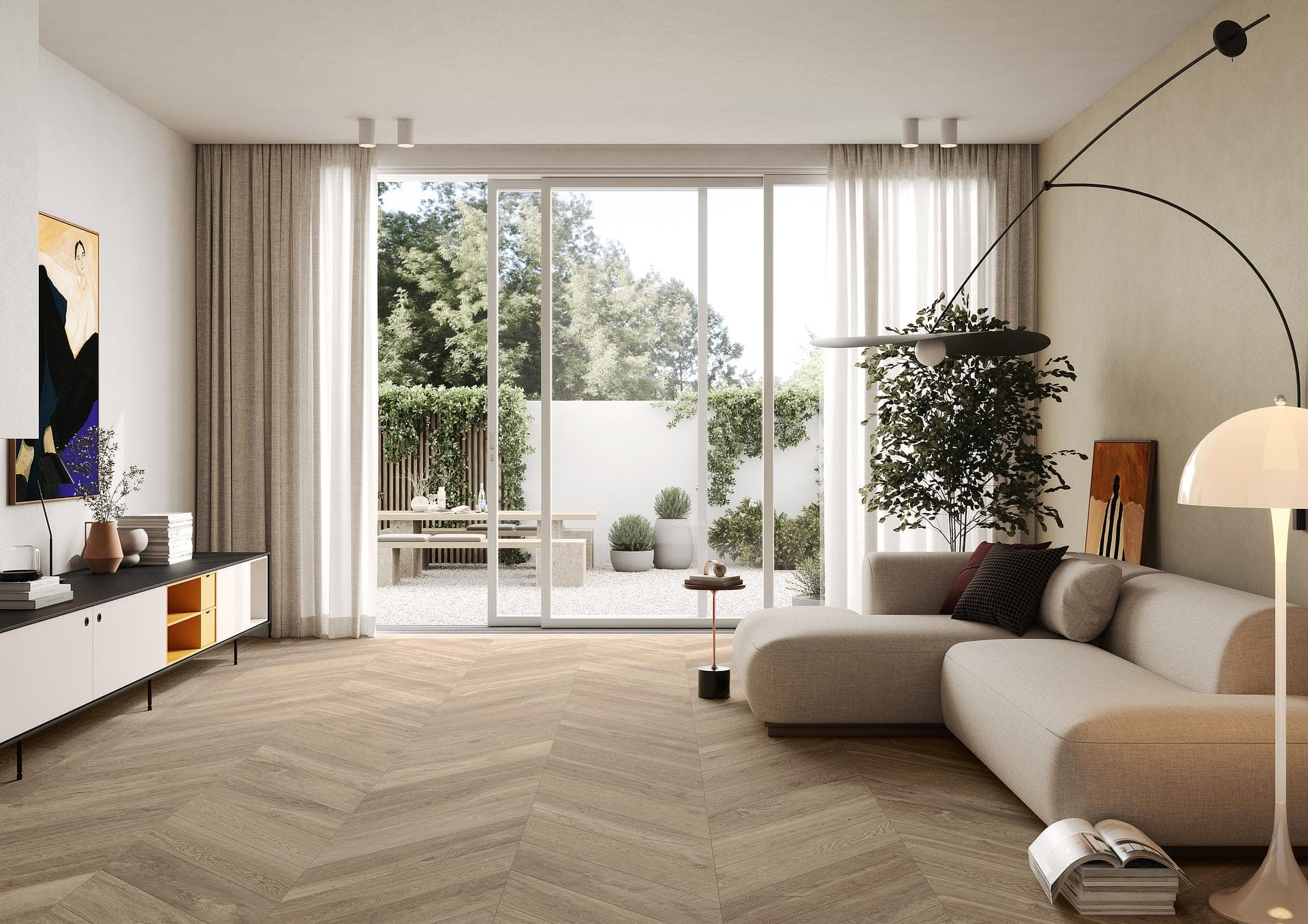 Living room with chevron wood-effect floor View the gallery