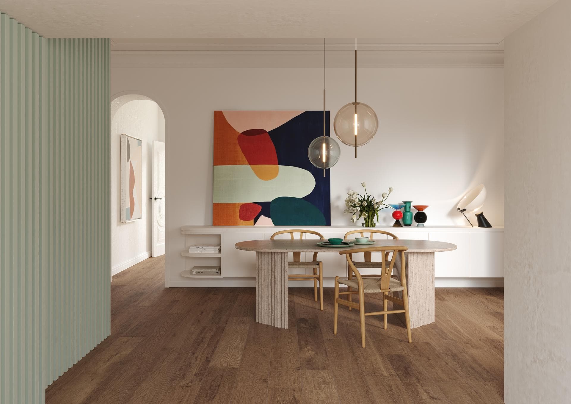 Dining room with hazelnut wood-effect floor Dining room with matt hazelnut wood-effect floor tiles, oval table, wooden chairs and abstract painting