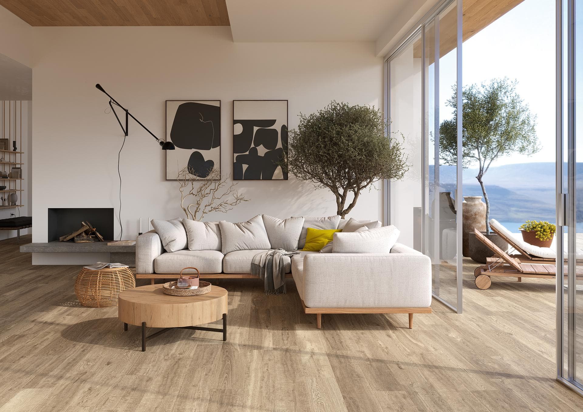 Living room with fireplace and panoramic terrace Living room with fireplace and pale sofa, matt dark beige wood-effect 20x120 floor tiles continuing onto the terrace