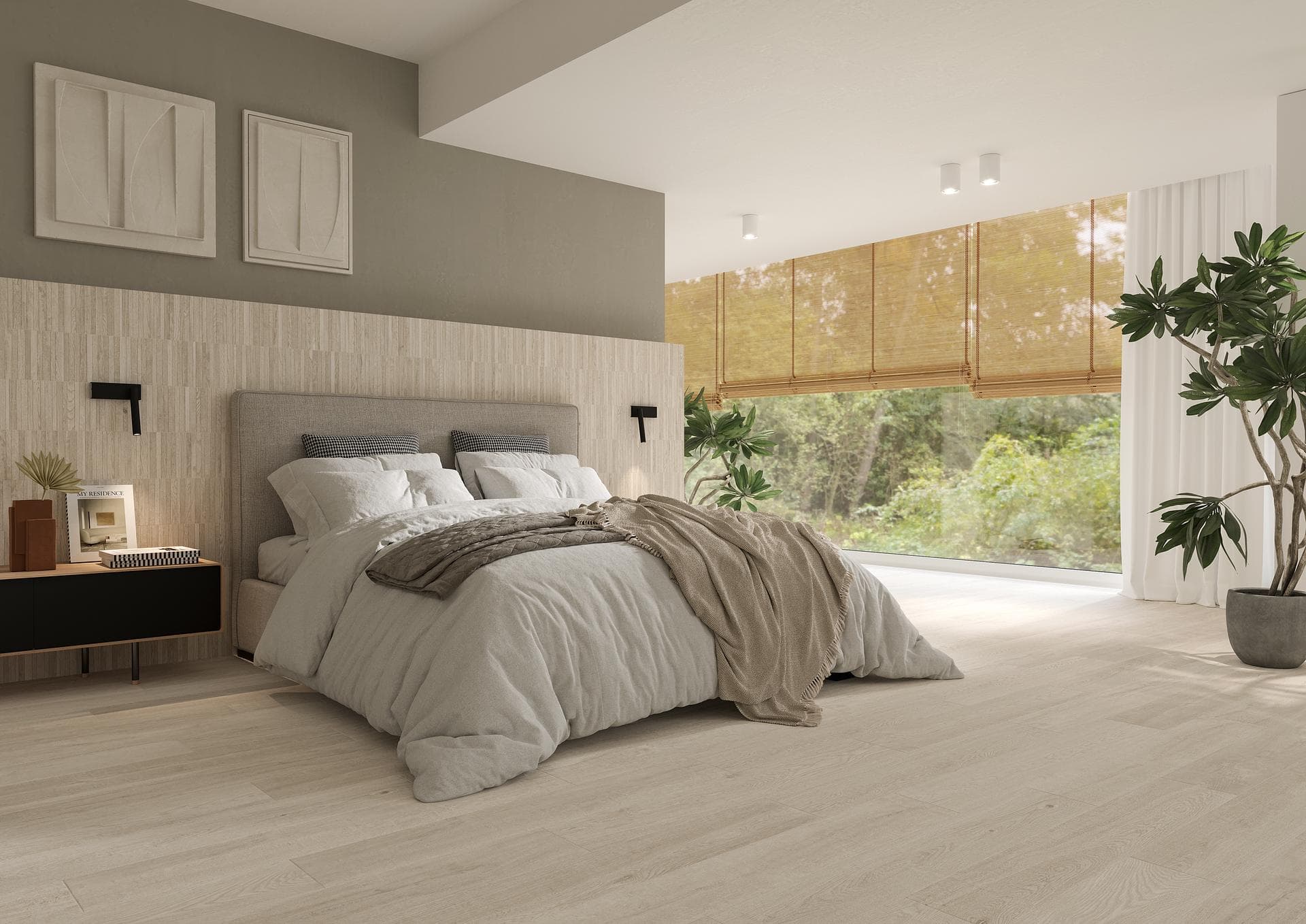 Bedroom with beige wood-effect floor Bedroom with matt beige wood-effect stoneware floor and slatted wall cladding behind the upholstered bed
