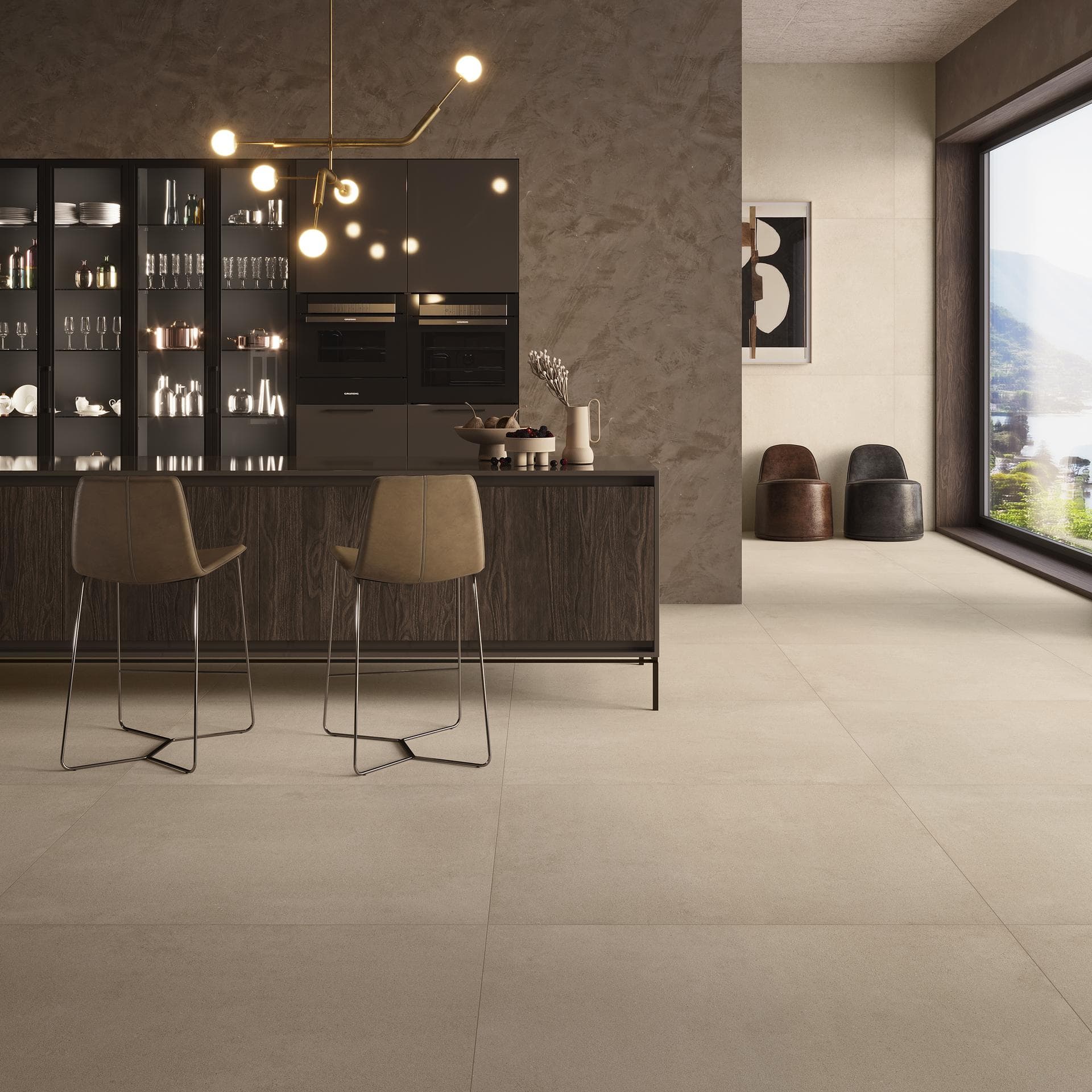 Kitchen with island and beige porcelain floor View the gallery