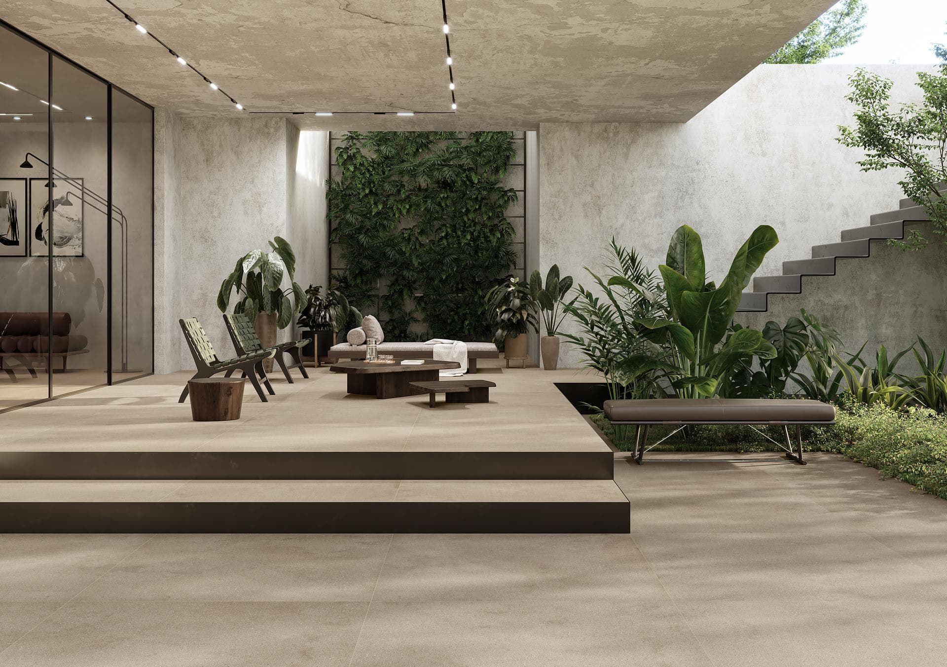 Outdoor patio with covered terrace and garden Outdoor patio with steps and covered terrace, matt beige and light grey stoneware floor among tropical plants