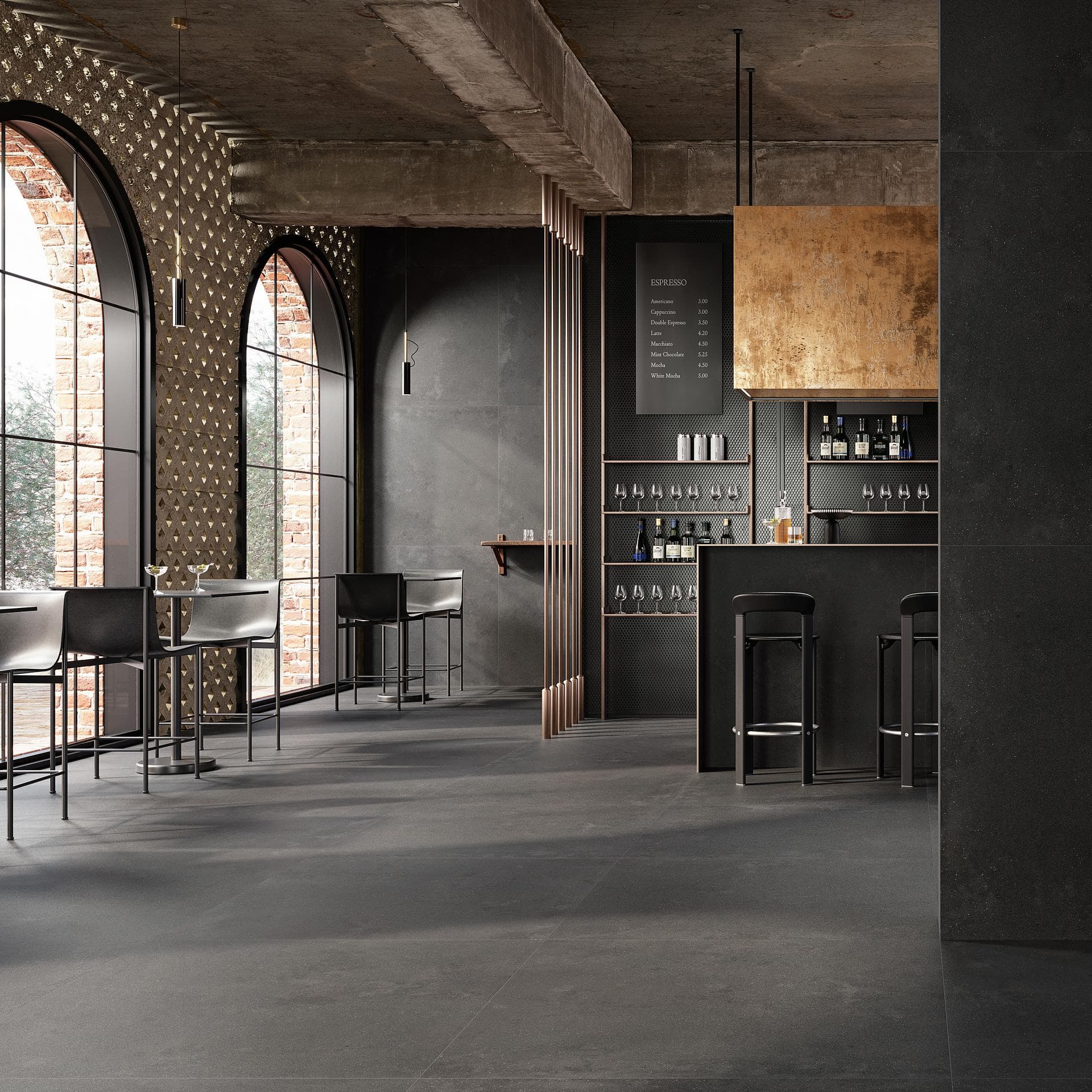 Bar in black matt and semi-polished porcelain Indoor bar with black matt and semi-polished 120x120 porcelain floor and walls, arched windows and counter