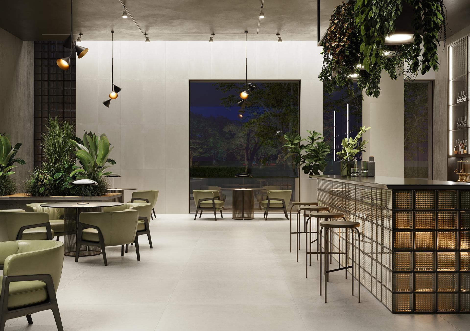 Bar area with white porcelain floor and wall View the gallery