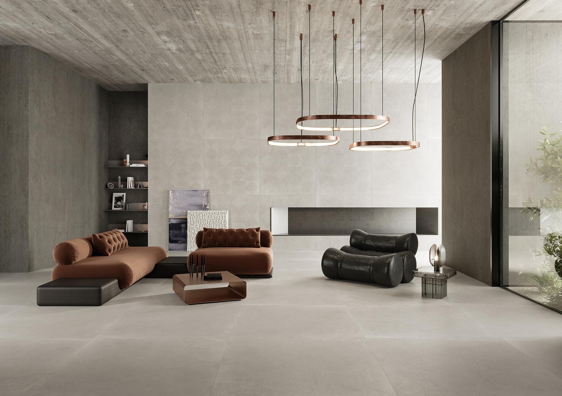 Living room in grey matt 120x120 porcelain Spacious living room with grey matt 120x120 floor and wall tiles, brown sofas and ring pendant lamps