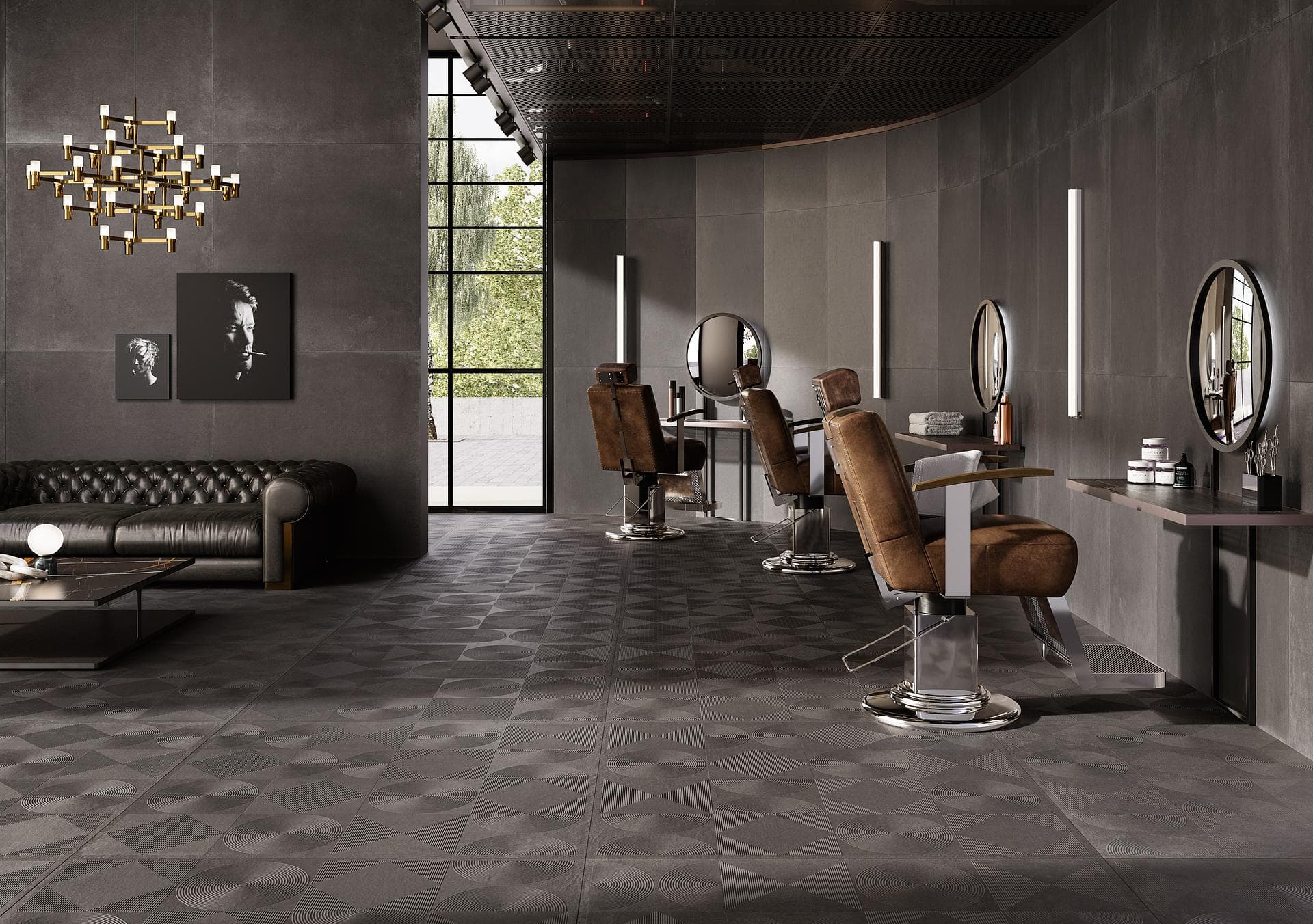 Barber shop with black porcelain floor and walls Barber shop with patterned matt black floor and black-clad walls, leather chairs and round mirrors