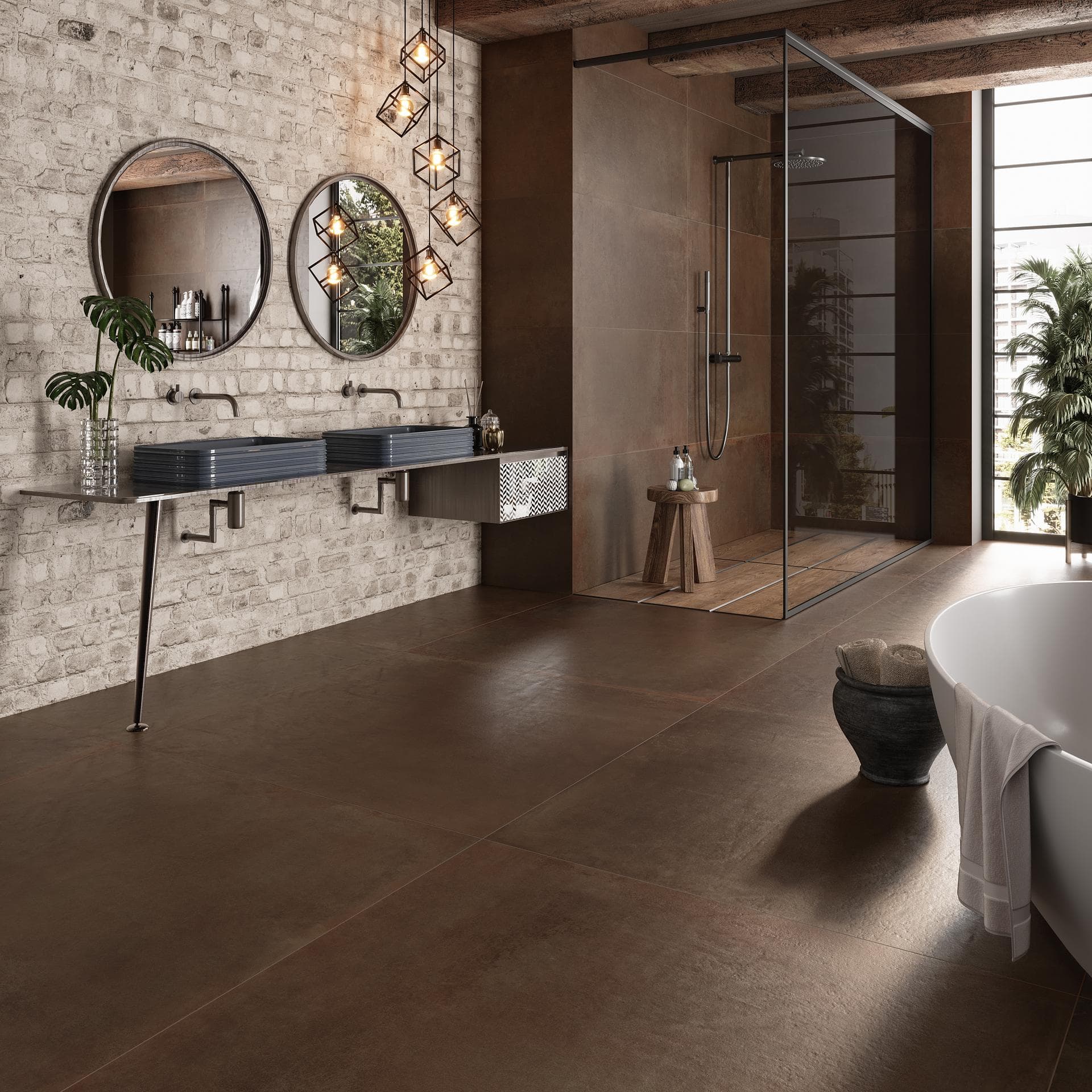 Bathroom in matt brown metal-effect porcelain Bathroom with matt brown metal-effect porcelain floor, brick wall and glass walk-in shower
