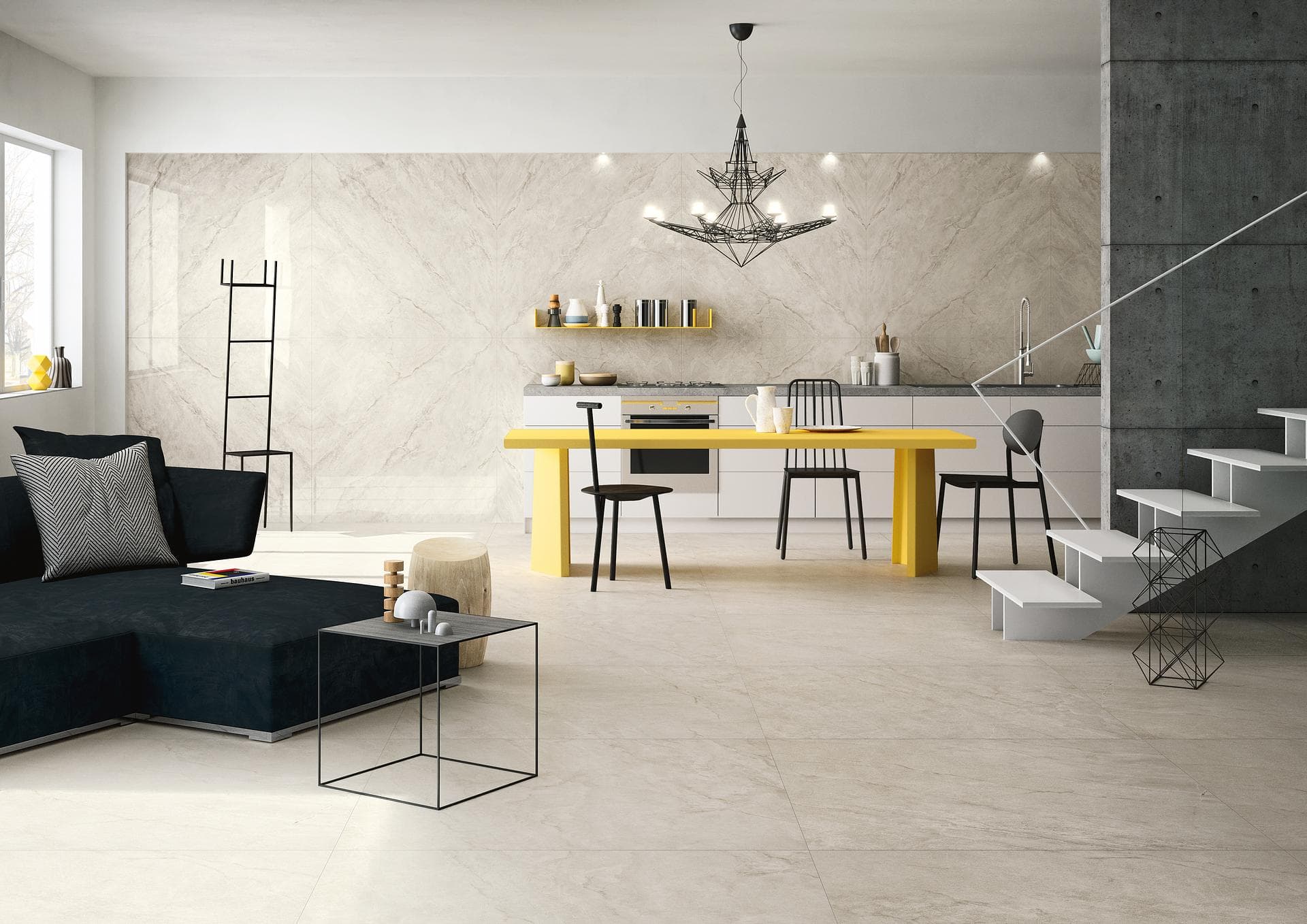 Open-plan kitchen with marble-effect wall Open-plan kitchen with glossy white marble-effect wall slabs and matt light grey stoneware floor