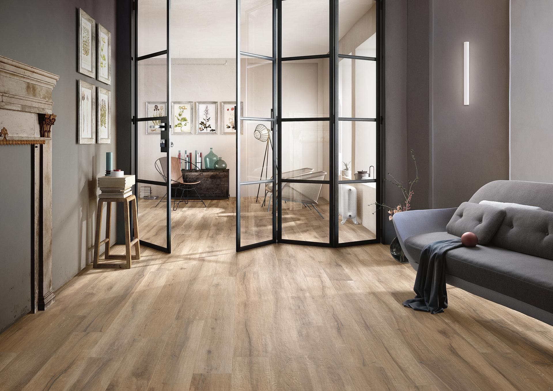 Living room with dark beige wood-effect floor Living room with grey sofa, fireplace and black glazed doors, matt dark beige wood-effect floor tiles