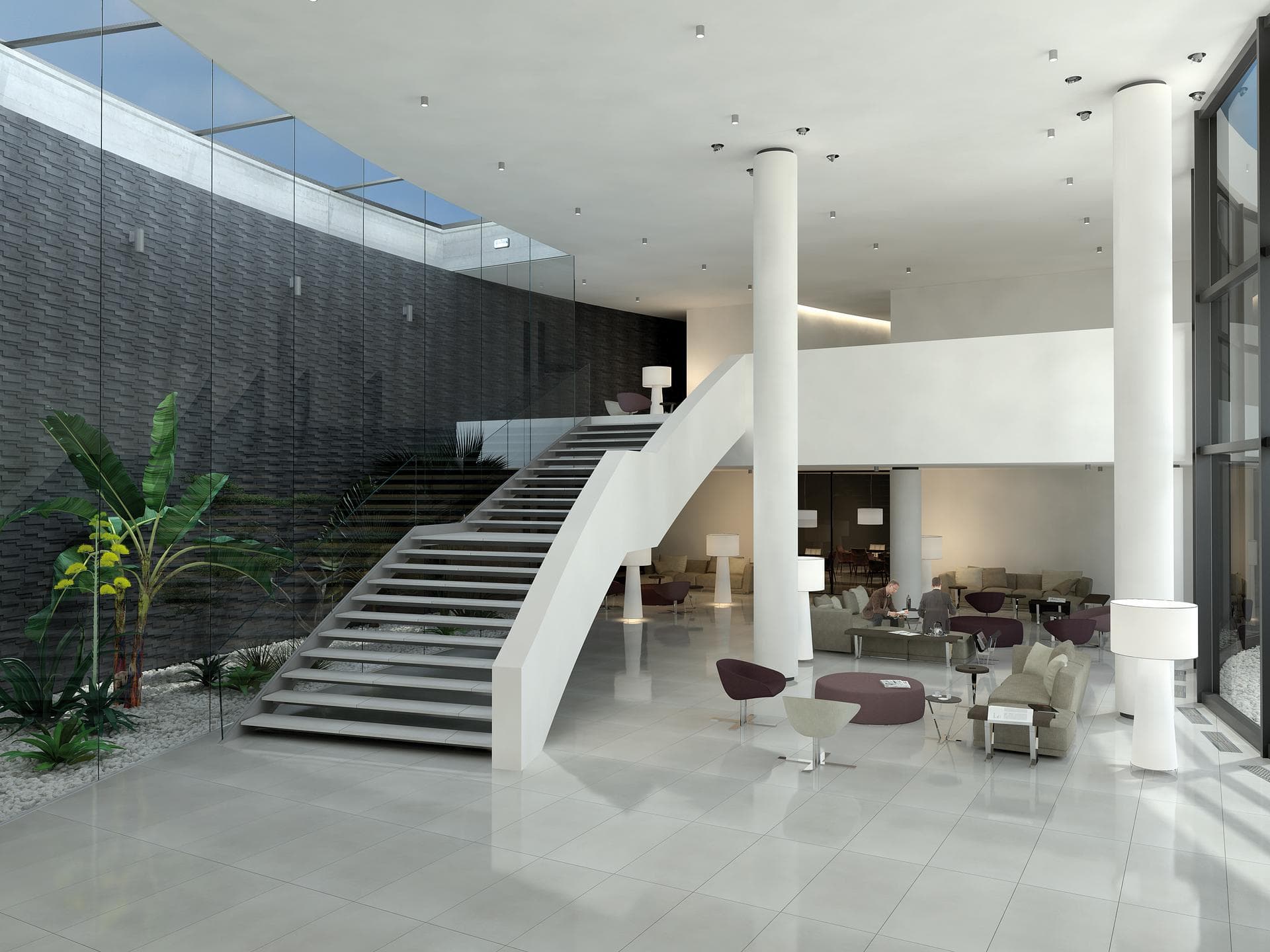 Hotel lobby with glossy white floor Hotel lobby with white staircase, sofas and glossy white large-format porcelain floor