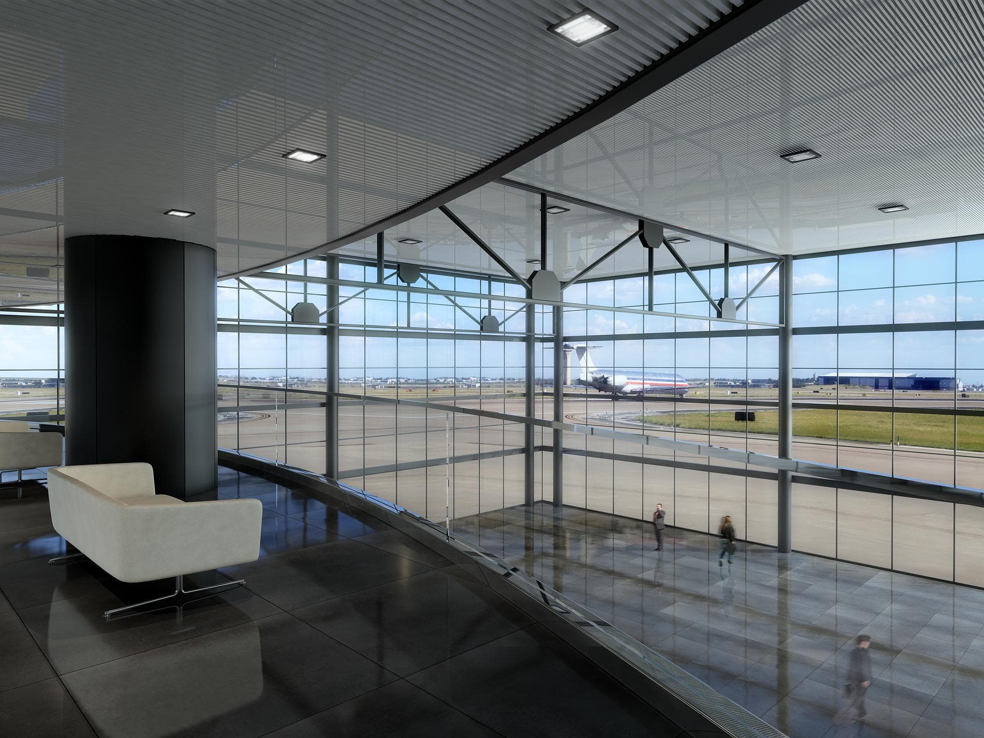Airport waiting area with dark grey floor Airport waiting area with polished dark grey porcelain floor reflecting the glass wall and a white armchair