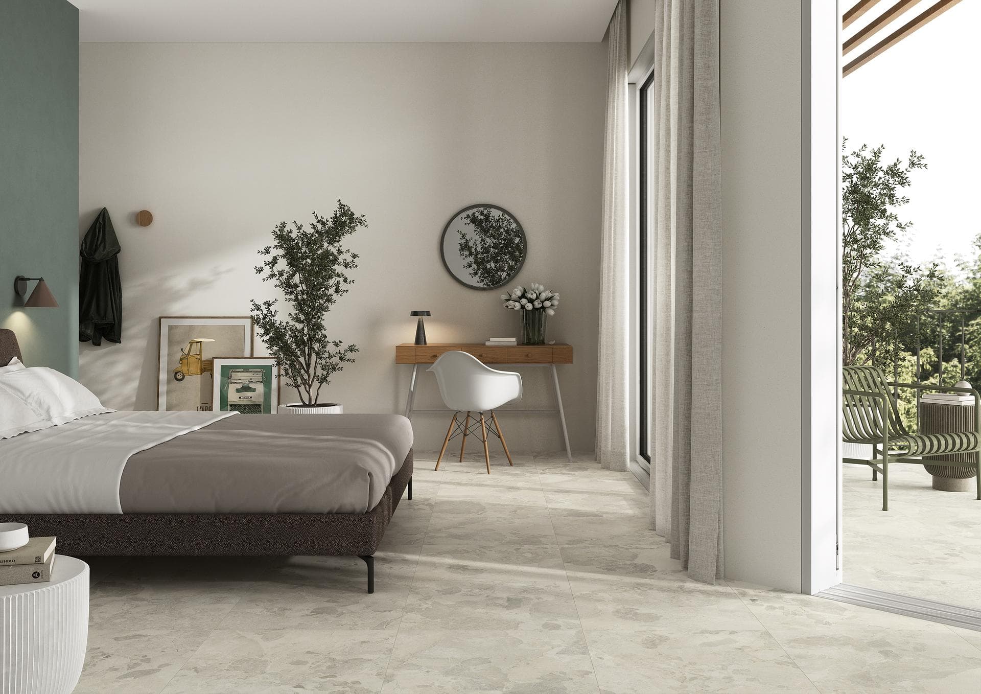 Bedroom with terrace, stone-effect porcelain floor Bedroom with matt stone-effect beige and almond floor tiles continuing onto the outdoor terrace