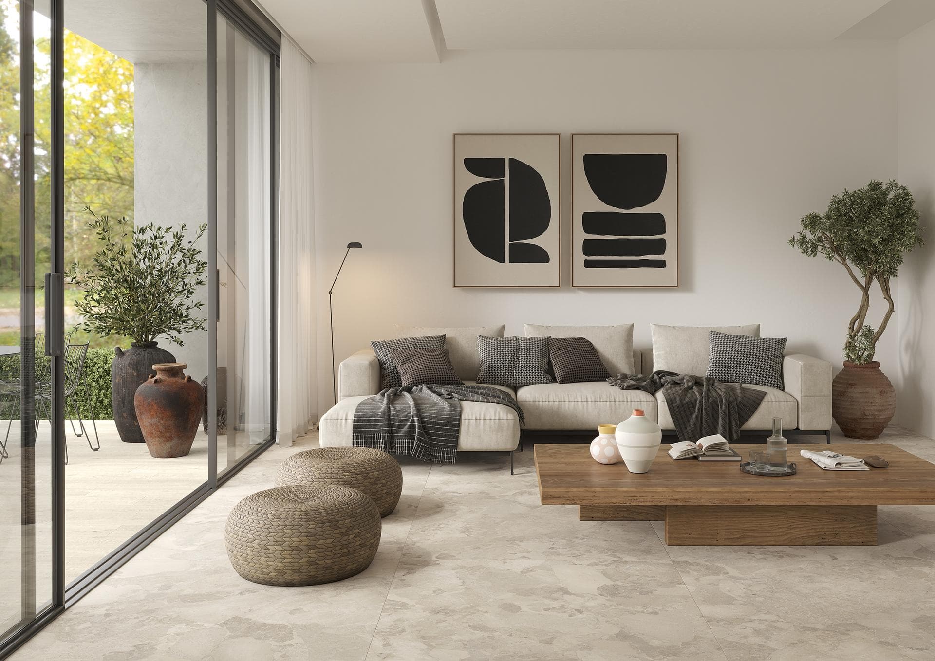 Living room with beige stone-effect floor Living room with corner sofa and beige stone-effect floor tiles continuing past the glass doors outside