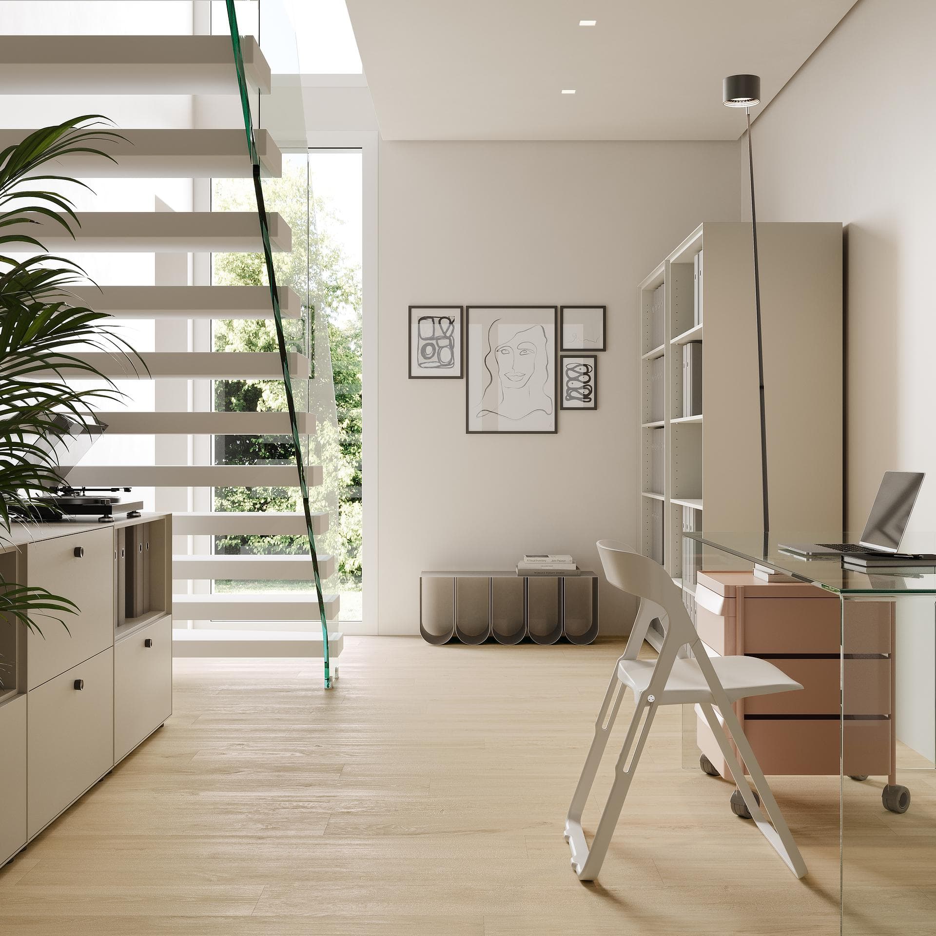 Living area with study corner, wood-effect floor View the gallery