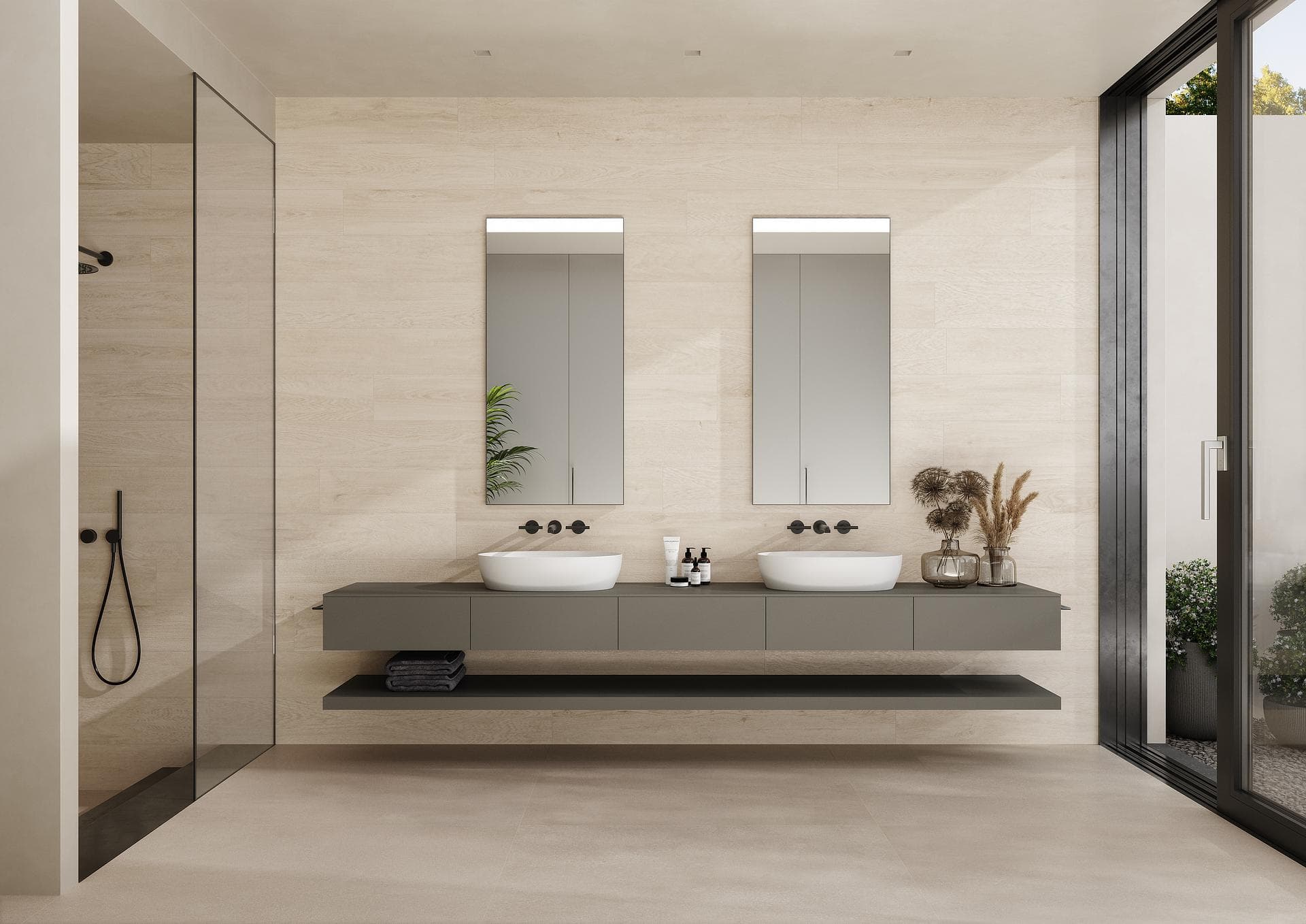 Bathroom with cream wood-effect wall tiles Bathroom with twin basins, cream wood-effect wall tiles and matt corda floor, walk-in shower