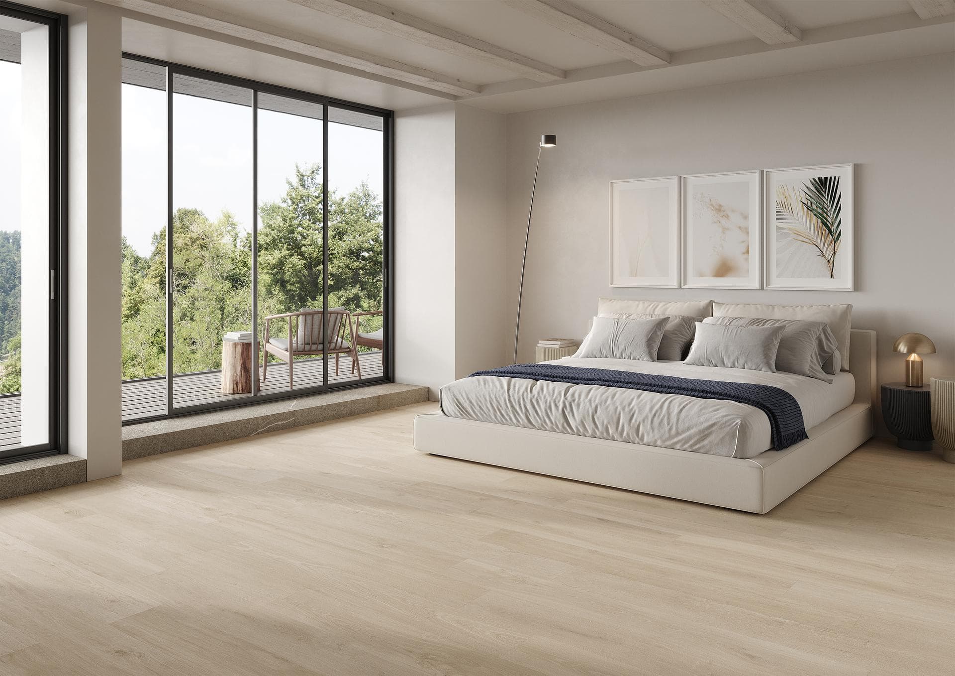 Bedroom with almond wood-effect floor Bedroom with full-height glazing onto woodland and matt almond wood-effect floor tiles in 20x150 planks