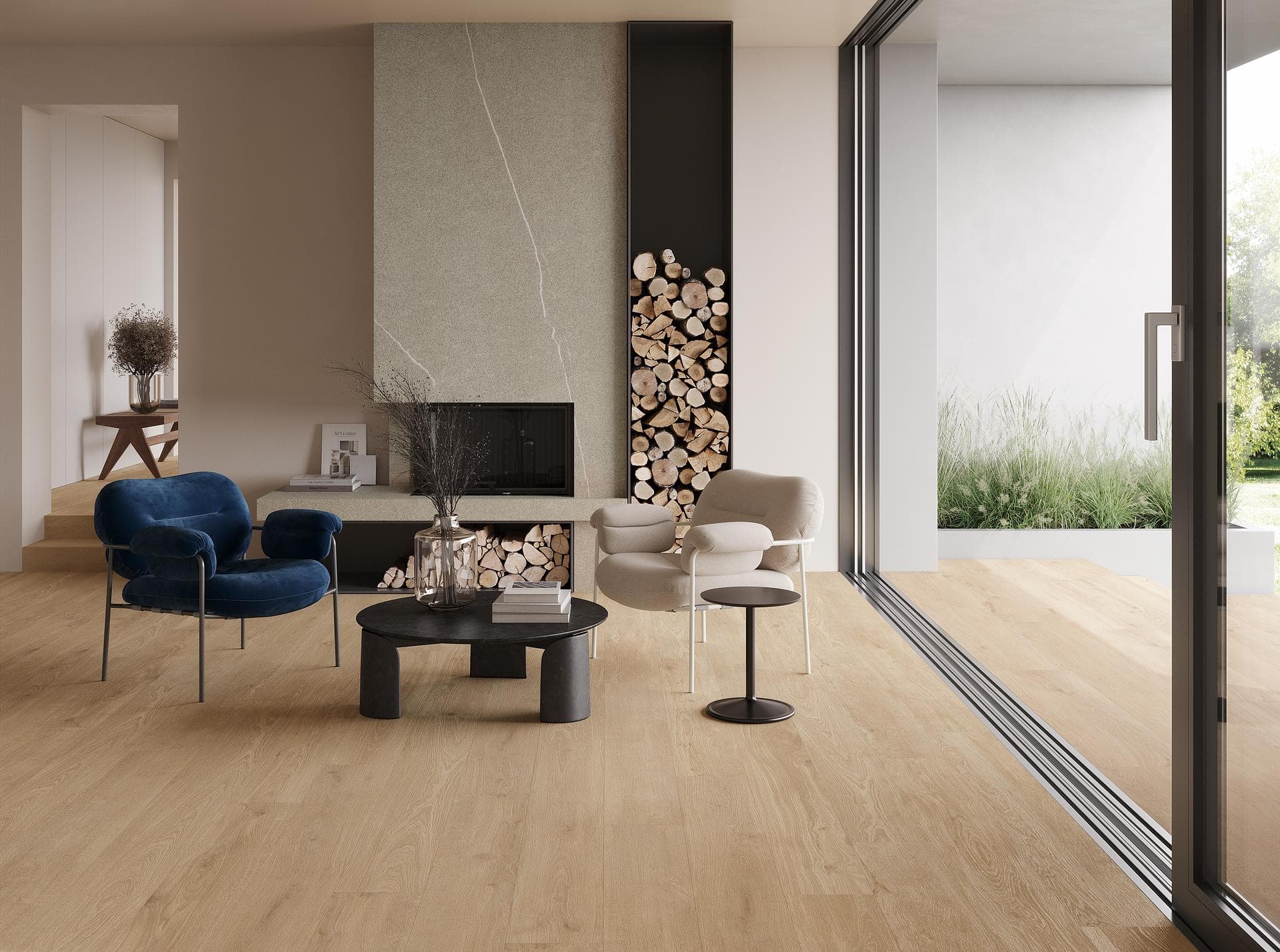 Living room with wood-effect floor and fireplace Living room with light wood-effect floor, stone-effect slab fireplace and full-height glazing onto a garden